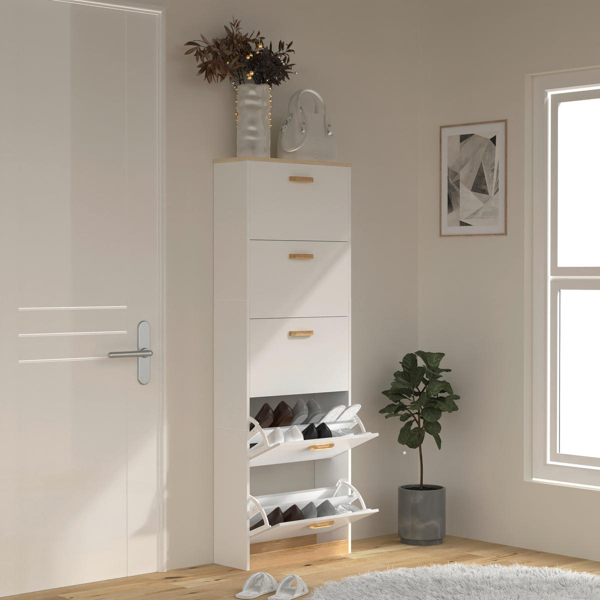 SCHUHSCHRANK Weiß, Honigeiche  - Honigeiche/Weiß, LIFESTYLE, Holzwerkstoff (59/170/22cm) - MID.YOU