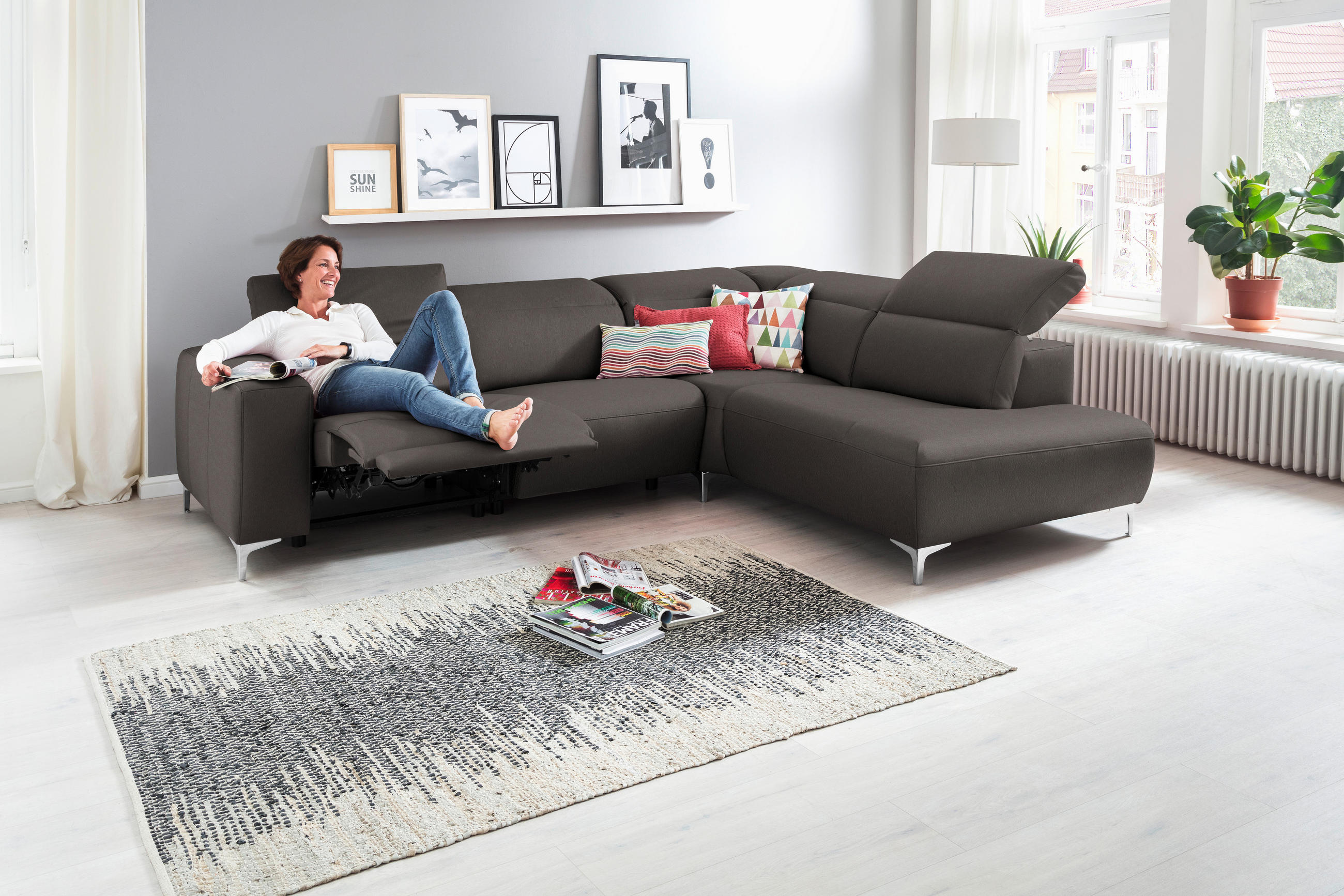 ECKSOFA Grau Echtleder  - Chromfarben/Grau, Design, Leder/Metall (290/223cm) - Pure Home Lifestyle