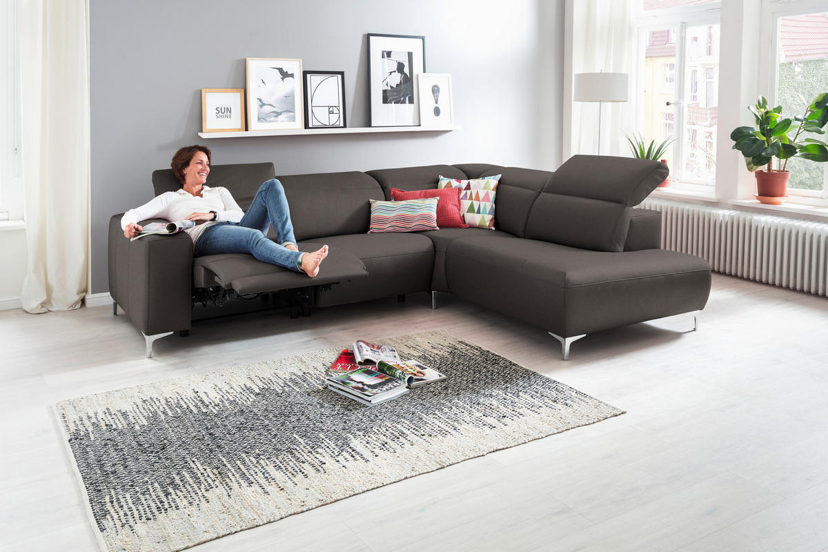 ECKSOFA in Echtleder Grau  - Chromfarben/Grau, Design, Leder/Metall (290/223cm) - Pure Home Lifestyle