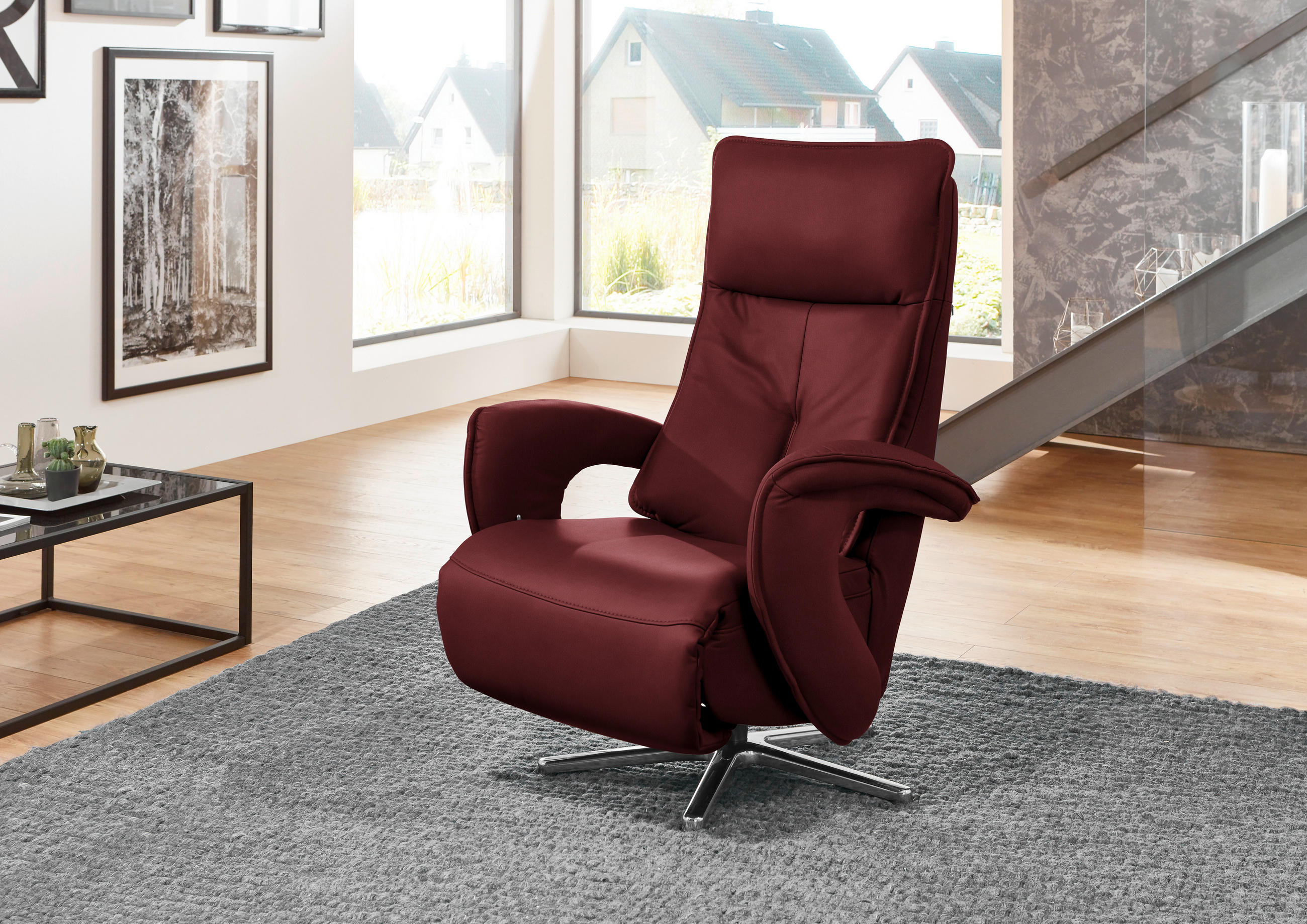 RELAXSESSEL in Leder Rot  - Chromfarben/Rot, Design, Leder/Metall (77/110/87cm) - Valdera