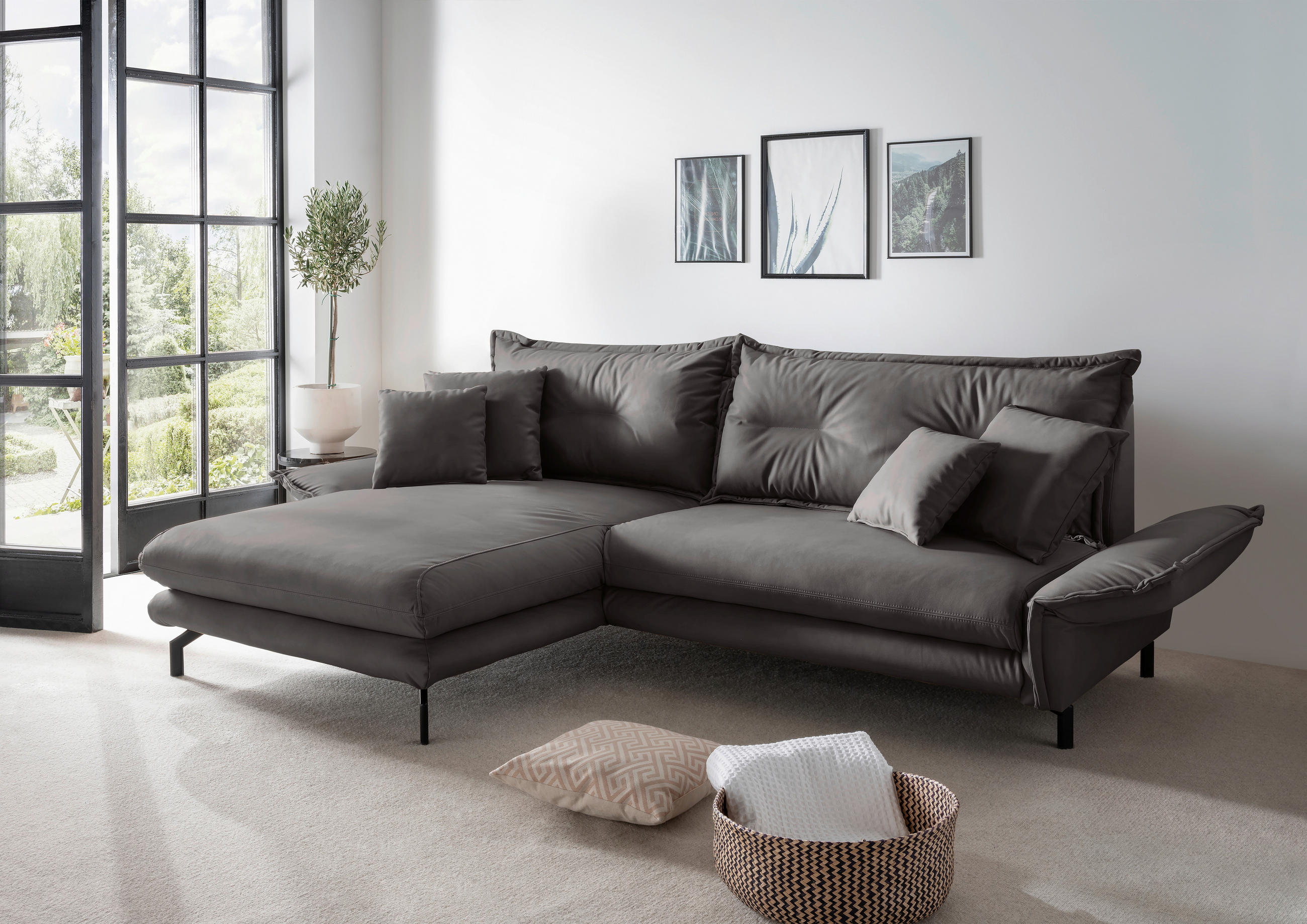 ECKSOFA in Lederlook Anthrazit  - Anthrazit/Schwarz, Modern, Textil/Metall (180/255cm) - Livetastic