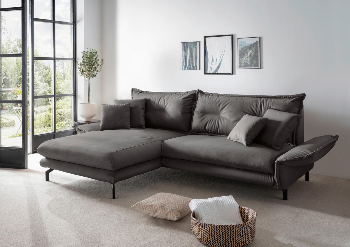 ECKSOFA in Lederlook Anthrazit  - Anthrazit/Schwarz, Modern, Textil/Metall (180/255cm) - Livetastic