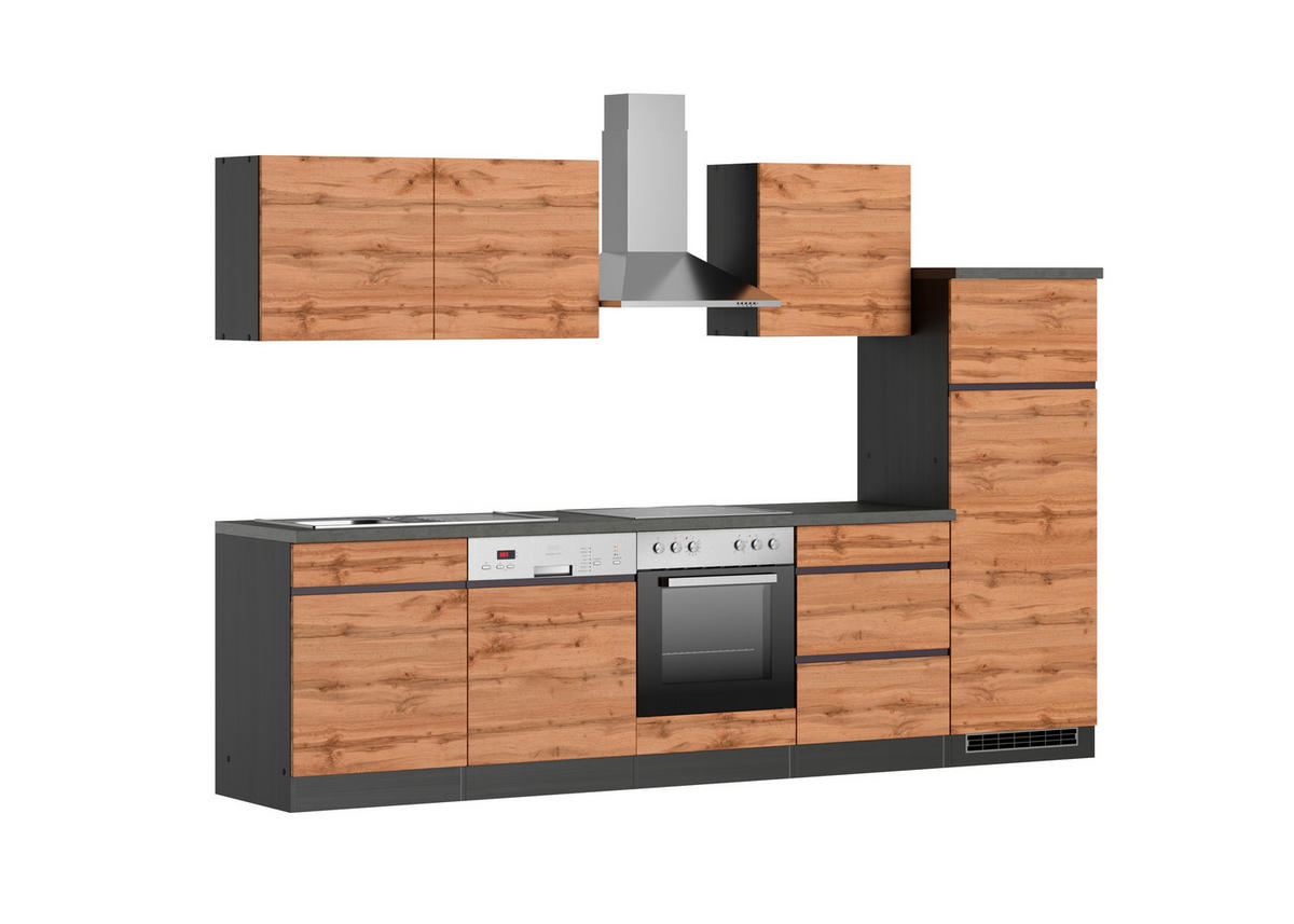 KÜCHENBLOCK 300 cm   in Graphitfarben, Eiche Wotan  - Eiche Wotan/Graphitfarben, Design, Holzwerkstoff (300cm) - Held
