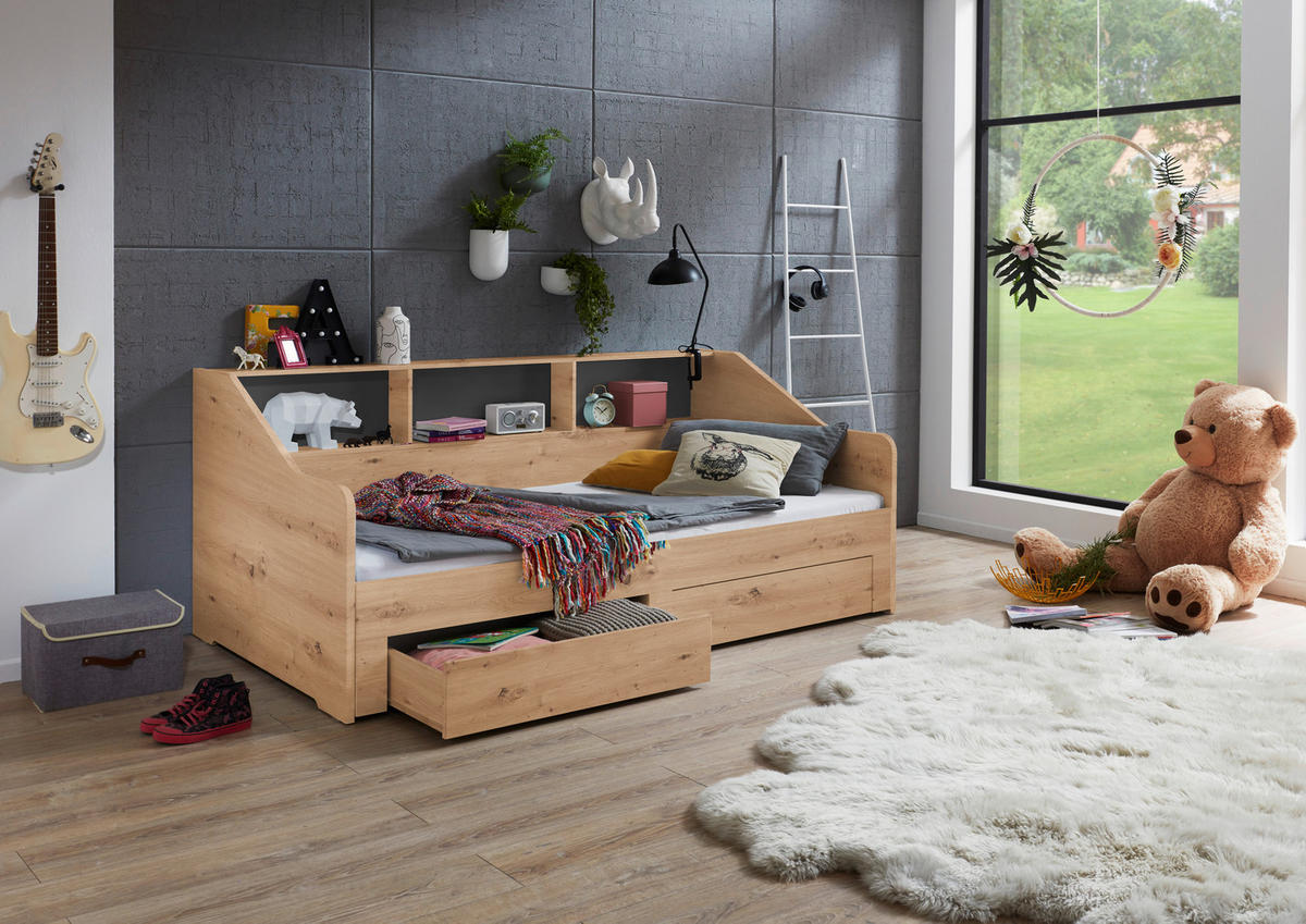 AUSZIEHBETT 90-180/200 cm  in Dunkelgrau, Eiche Artisan  - Dunkelgrau/Buchefarben, KONVENTIONELL, Holzwerkstoff (90-180/200cm) - Carryhome