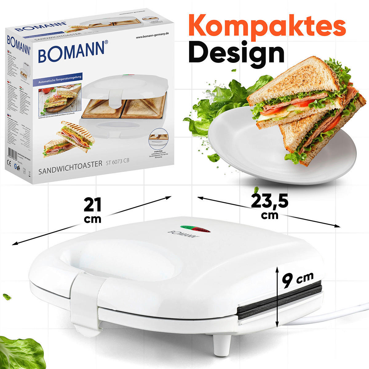 SANDWICHTOASTER  - Weiß, Basics, Kunststoff/Metall (22.7/8.3/20.7cm) - Bomann