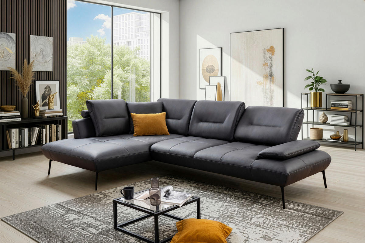 ECKSOFA Anthrazit Echtleder Rücken echt, Sitztiefenverstellung  - Anthrazit/Schwarz, Design, Leder/Metall (190/320cm) - Moderano