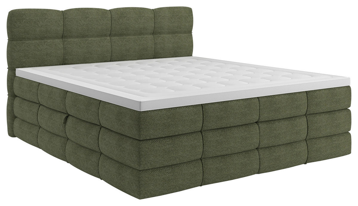 BOXSPRINGBETT 160/200 cm,  in Grün, gepolstertes Kopfteil, Bettkasten, Topper, Matratzen, H3 + H3 = fest  - Schwarz/Grün, Design, Kunststoff/Textil (160/200cm) - Chameo