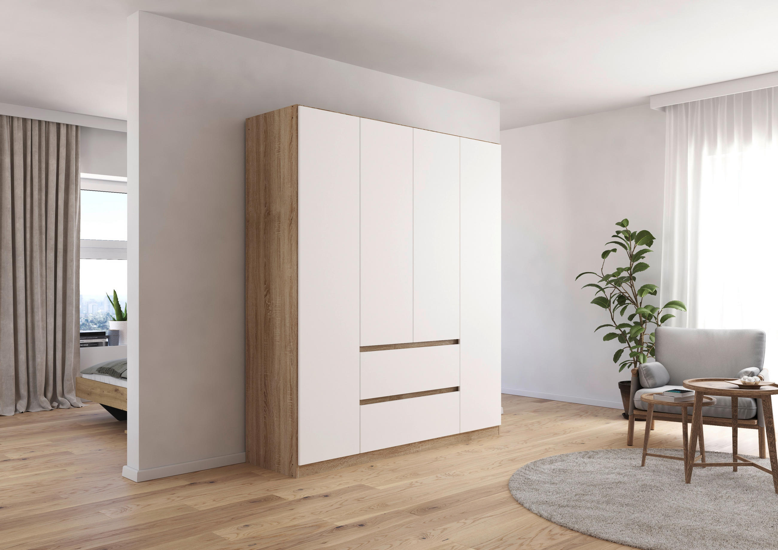 DREHTÜRENSCHRANK in Weiss, Eichefarben  - Weiss/Eichefarben, Basics, Holzwerkstoff (181/210/54cm) - Rauch Möbel