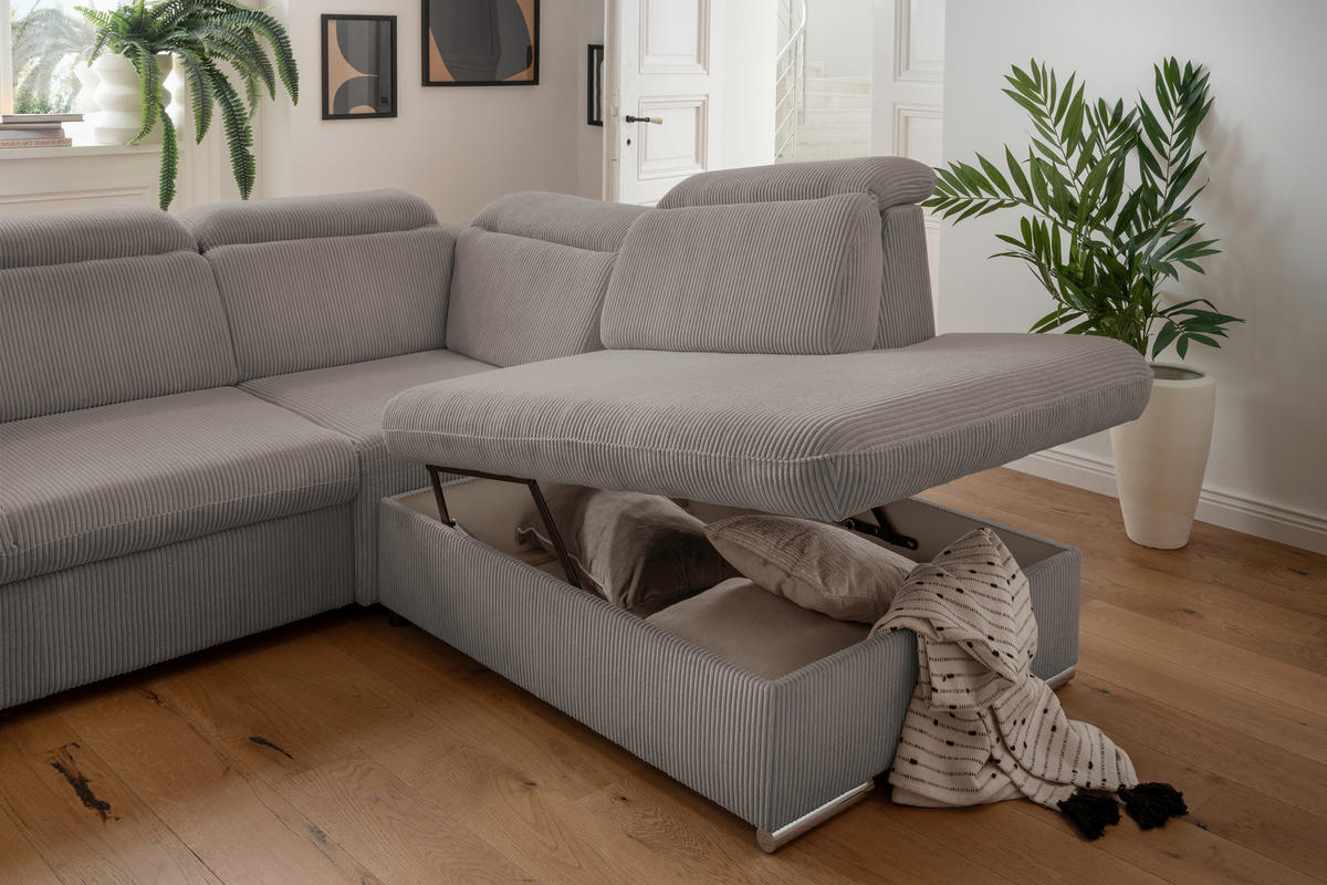 ECKSOFA Graubraun Cord  - Chromfarben/Graubraun, Design, Textil/Metall (283/228cm) - Livetastic