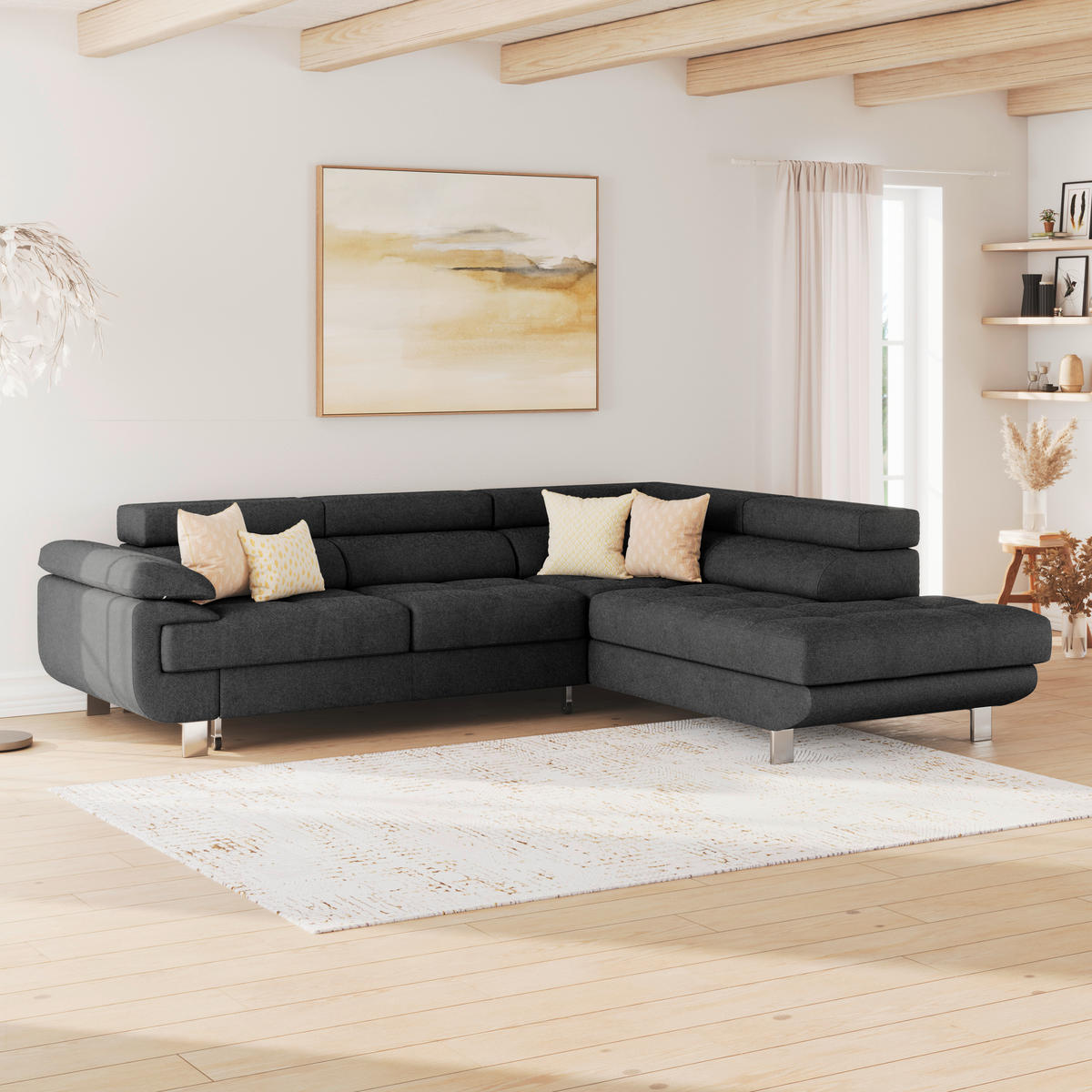 ECKSOFA in Drell Graphitfarben  - Graphitfarben, Modern, Textil/Metall (270/230cm) - MID.YOU