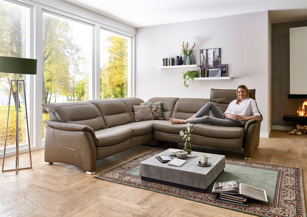 ECKSOFA in Echtleder Dunkelbraun  - Dunkelbraun/Alufarben, Design, Leder/Metall (277/277cm) - Valdera