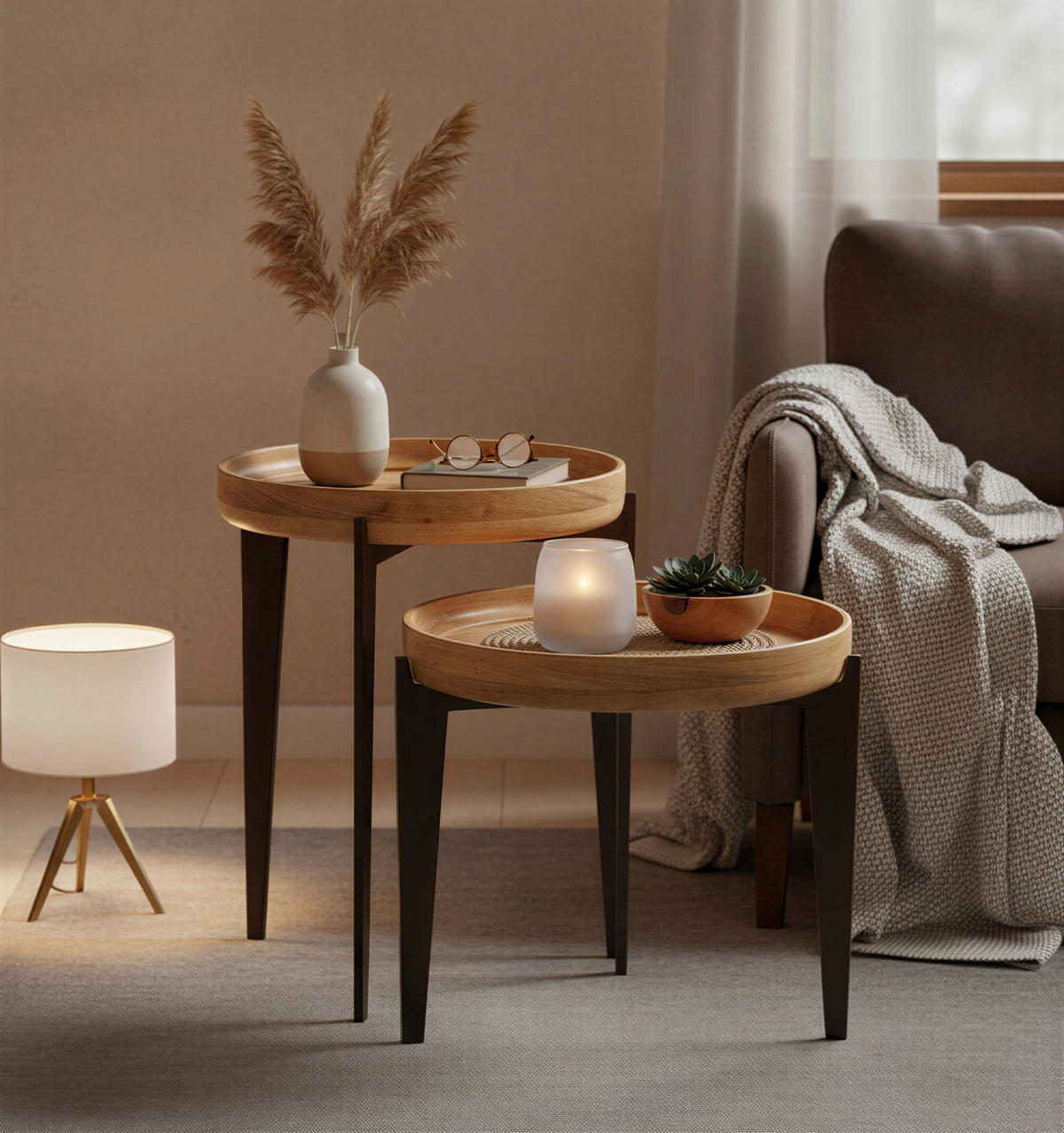 BEISTELLTISCH 46/46/42 cm Mangoholz massiv Naturfarben, Schwarz rund  - Schwarz/Naturfarben, Design, Holz/Metall (46/46/42cm) - MID.YOU