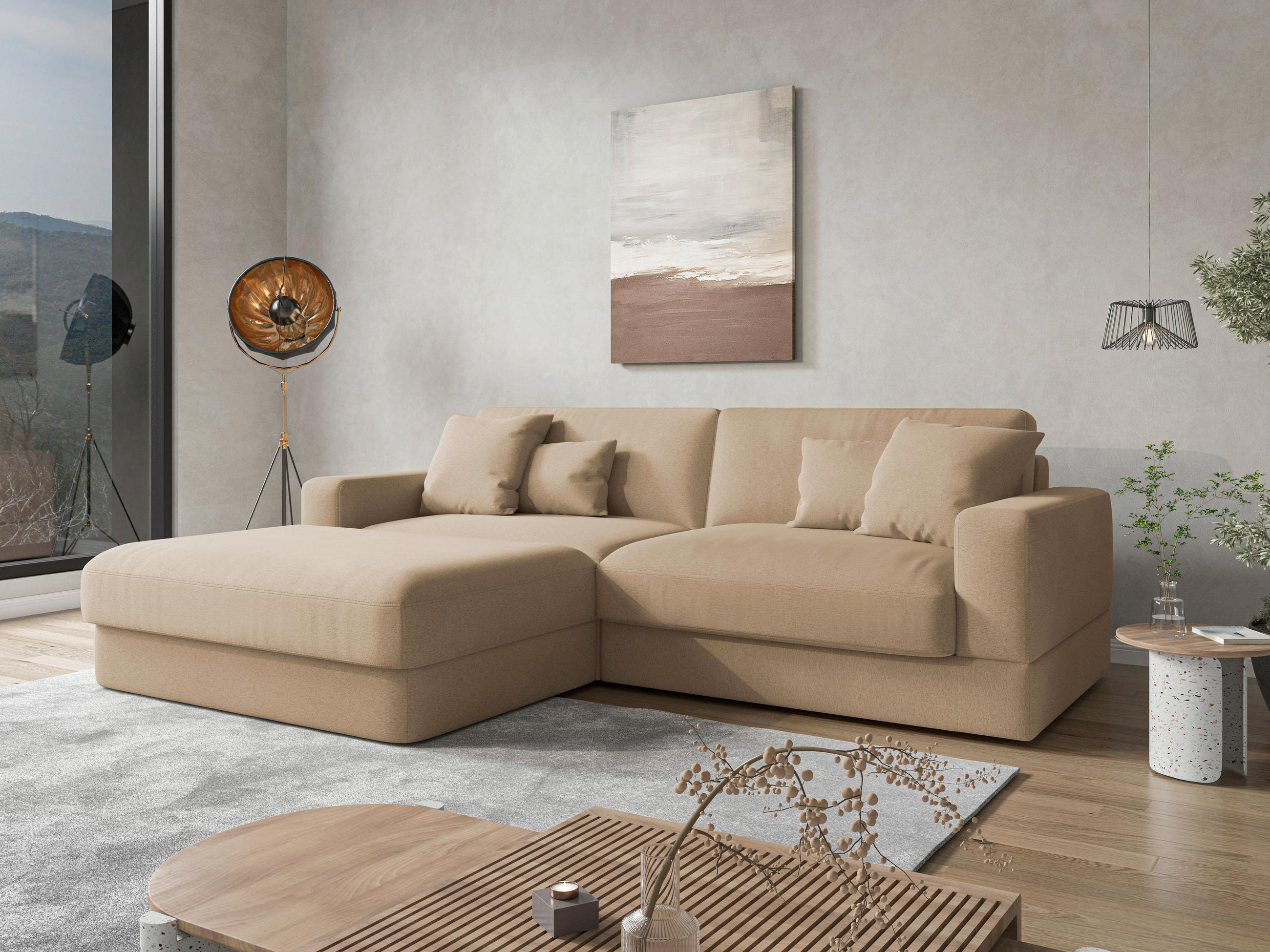 ECKSOFA FABIO E Sandfarben Mikrofaser  - Sandfarben/Schwarz, MODERN, Kunststoff/Textil (196/264cm) - Sit & More