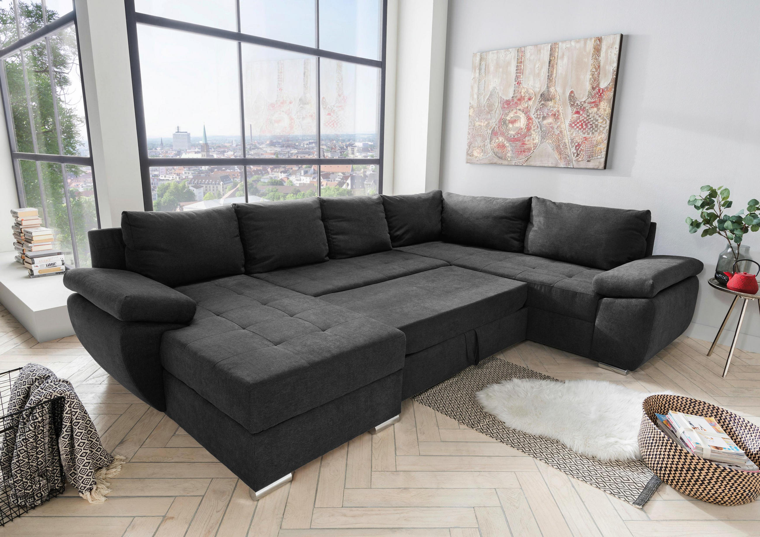 Wohnlandschaft U Form Anthrazit Bettkasten Links