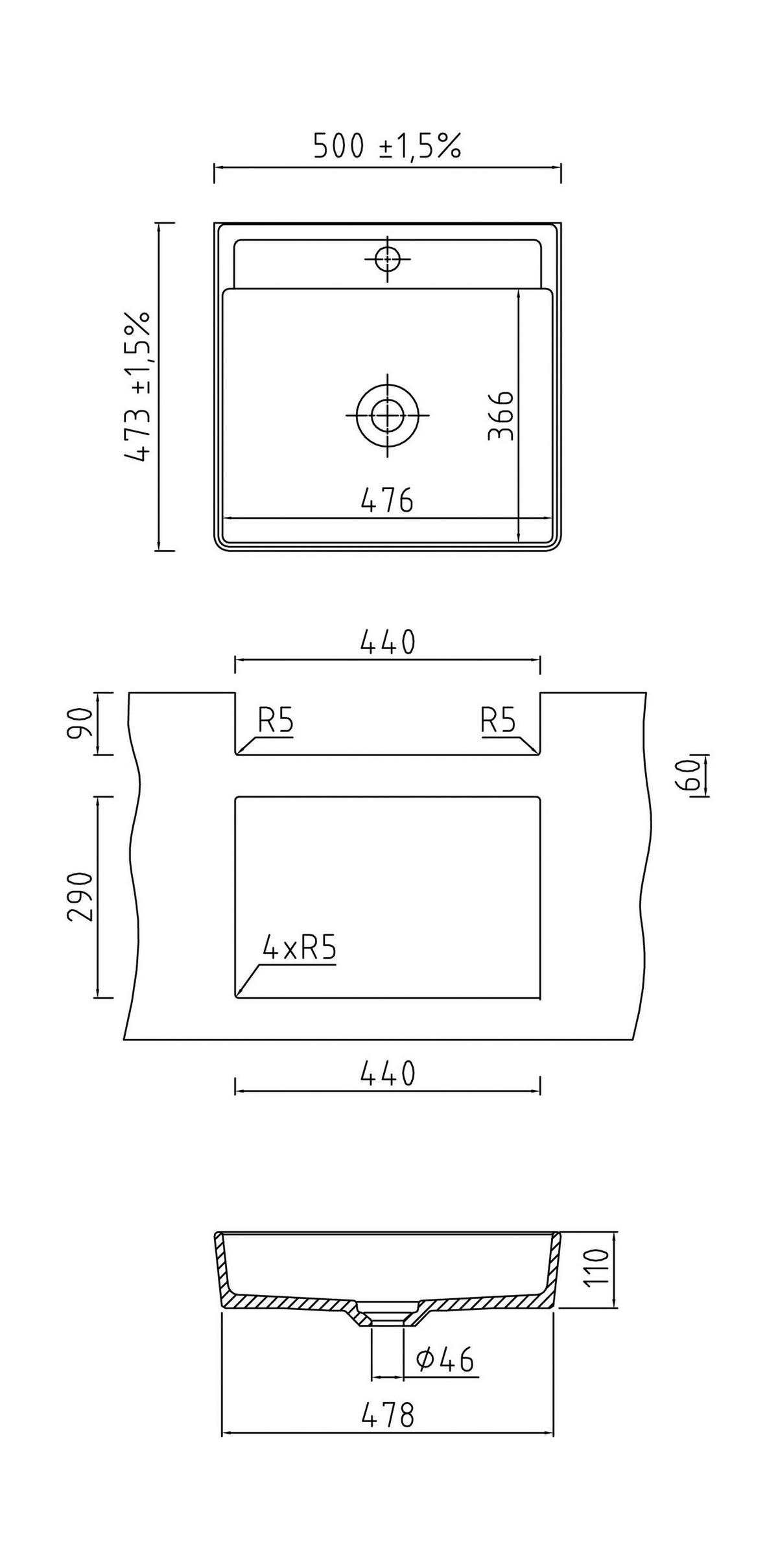 WASCHBECKEN 50/11/47,3 cm  - Schieferfarben, Basics, Keramik (50/11/47,3cm) - Systemceram