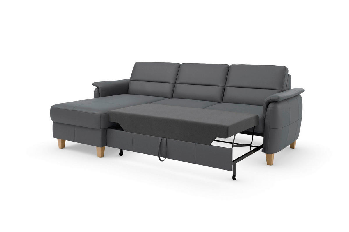 ECKSOFA PALMERA E Schwarz Kombination Echtleder/Stoff Mikrofaser Bettkasten  - Eichefarben/Schwarz, Basics, Leder/Holz (163/244cm) - Sit & More