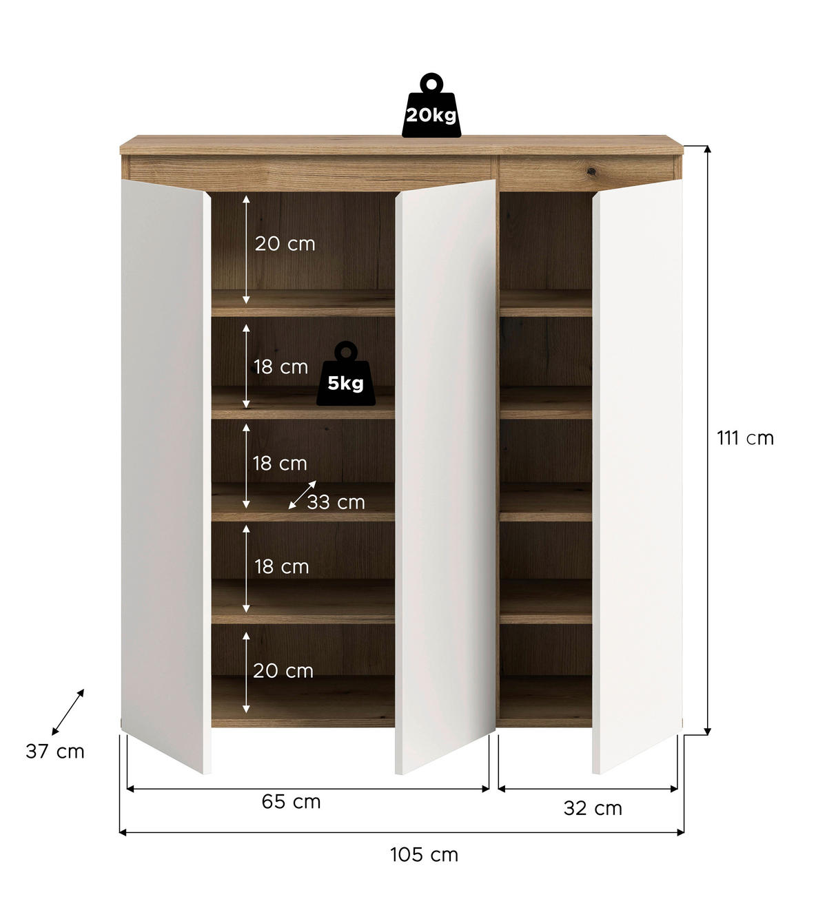 BOTNÍK, bílá, barvy dubu, 105/111/37 cm - bílá/černá, Design, kompozitní dřevo/plast (105/111/37cm) - Livetastic