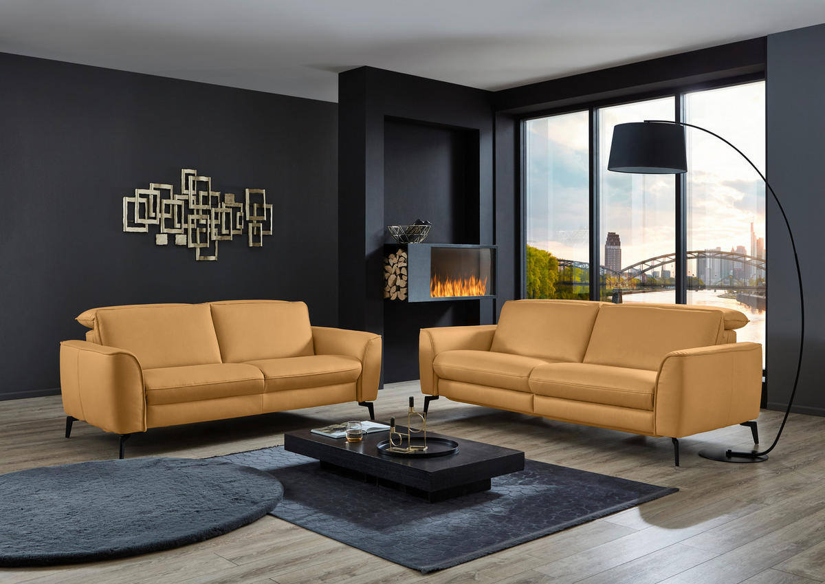3-SITZER-SOFA in Echtleder Currygelb  - Currygelb/Schwarz, Natur, Leder/Metall (222/81/110cm) - Valdera
