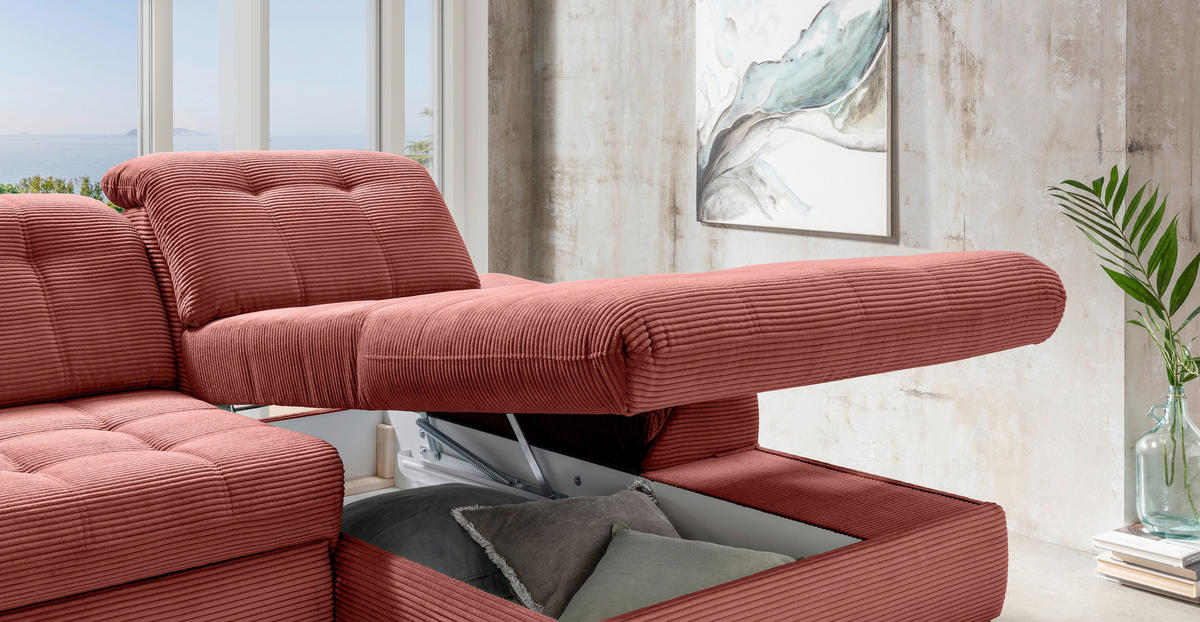 ECKSCHLAFSOFA in Cord Koralle  - Koralle/Schwarz, Modern, Textil/Metall (273/189cm) - Livetastic