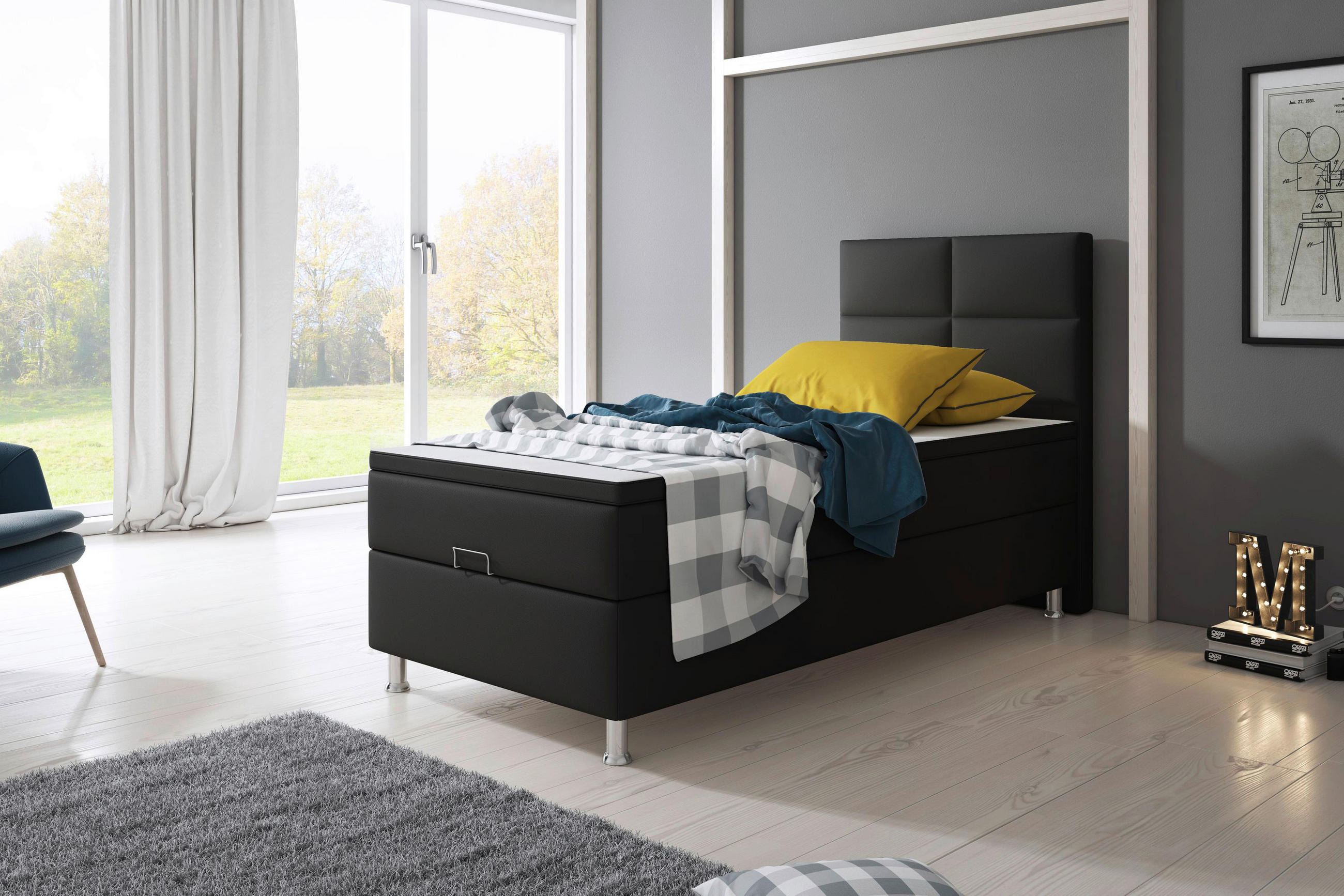 Boxspringbett mit Topper  in Schwarz  - Silberfarben/Schwarz, KONVENTIONELL, Leder/Textil (90/115/210cm) - MID.YOU