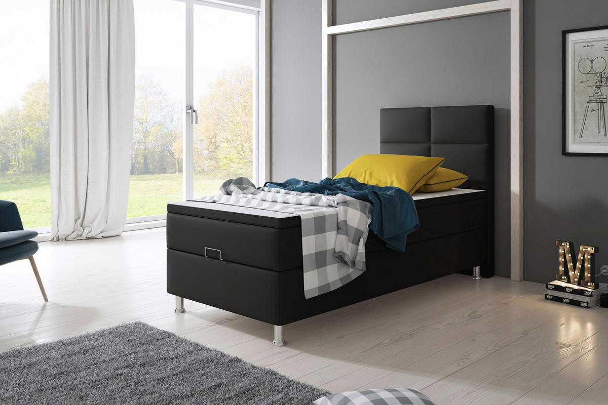 Boxspringbett mit Topper  in Schwarz  - Silberfarben/Schwarz, KONVENTIONELL, Leder/Textil (90/115/210cm) - MID.YOU