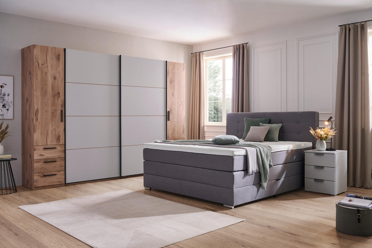 BOXSPRINGBETT 140/200 cm,  in Grau, Matratze, Bettkasten, Topper, H3 = fest  - Silberfarben/Schwarz, KONVENTIONELL, Holz/Holzwerkstoff (140/200cm) - Moderano