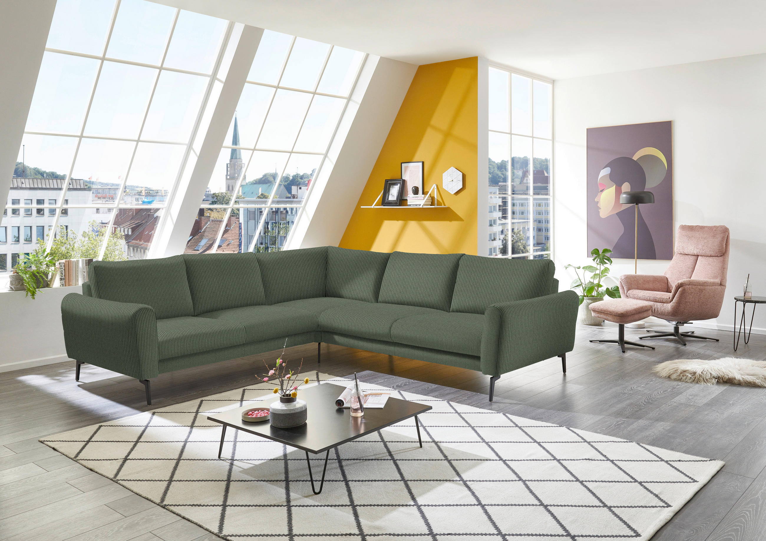 ECKSOFA in Velours, Feincord Grün  - Schwarz/Grün, Design, Textil/Metall (254/280cm) - Beldomo Style