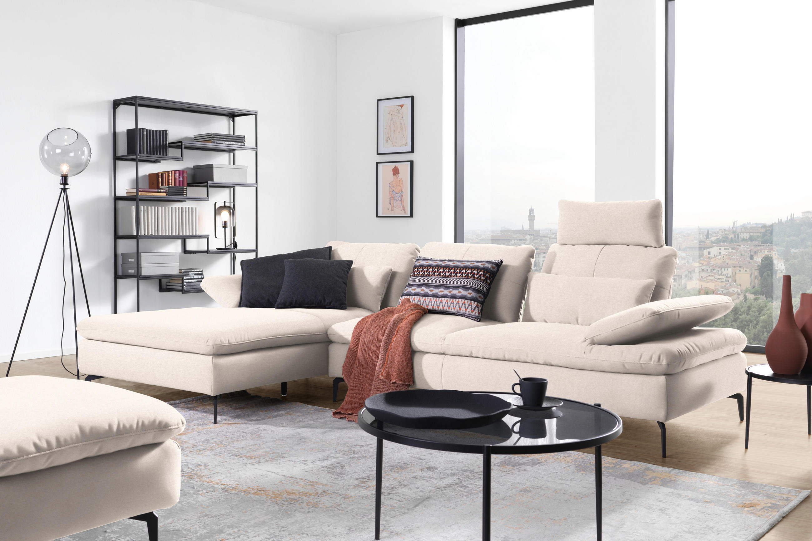 ECKSOFA in Webstoff Creme  - Creme/Schwarz, Design, Textil/Metall (179/301cm) - Chilliano
