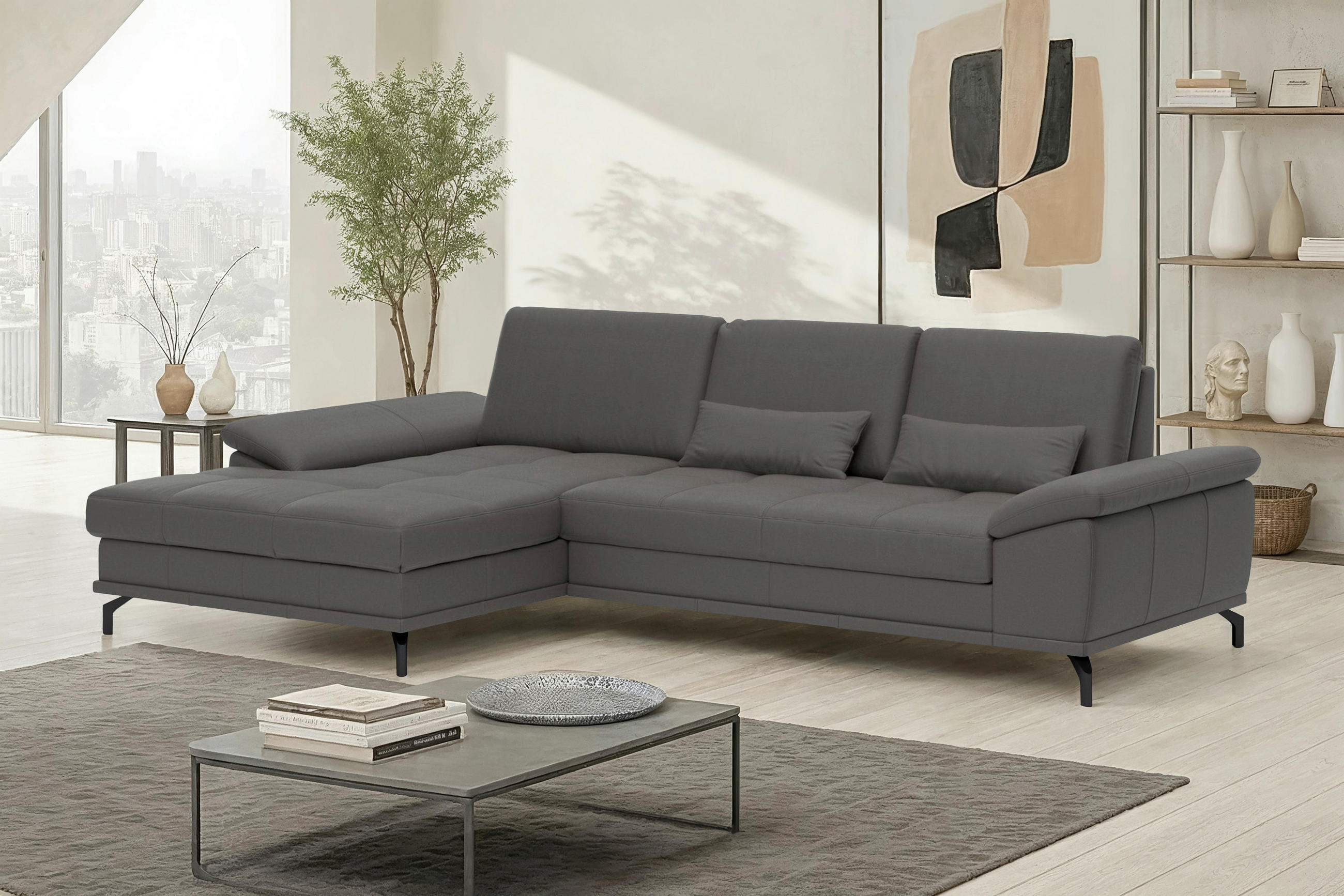 ROHOVÁ SEDAČKA, kůže, mokka - černá/mokka, Basics, kov/kůže (176/301cm) - Sit & More