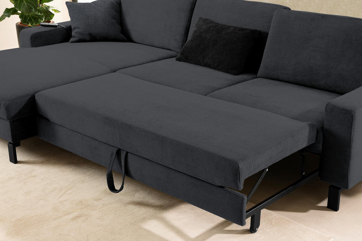 ECKSOFA in Cord Anthrazit  - Anthrazit/Schwarz, Design, Textil/Metall (185-209/298cm) - Pure Home Lifestyle