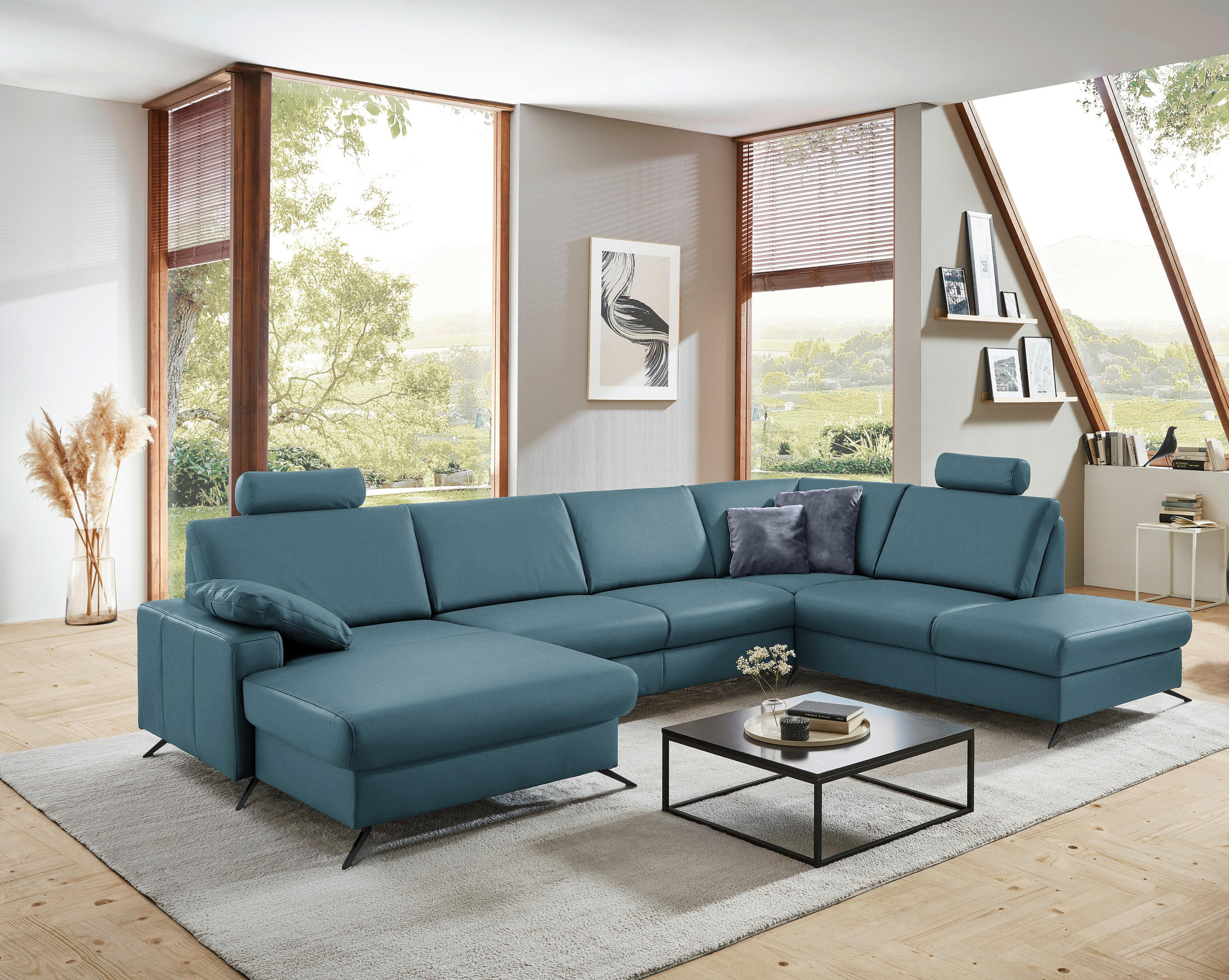 WOHNLANDSCHAFT in Echtleder Blau  - Blau/Schwarz, Design, Leder/Metall (165/339/233cm) - Beldomo Premium