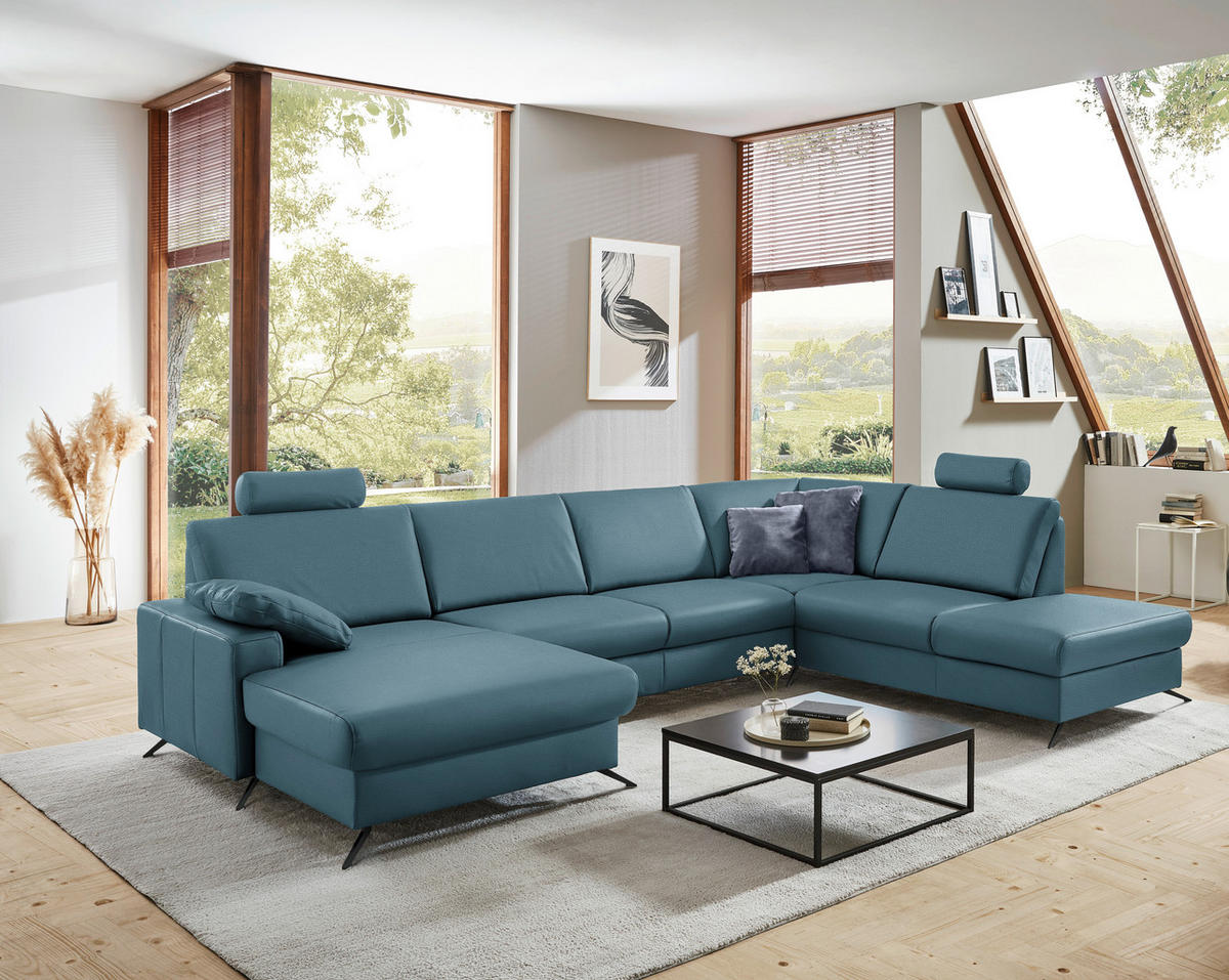 WOHNLANDSCHAFT in Echtleder Blau  - Blau/Schwarz, Design, Leder/Metall (165/339/233cm) - Beldomo Premium