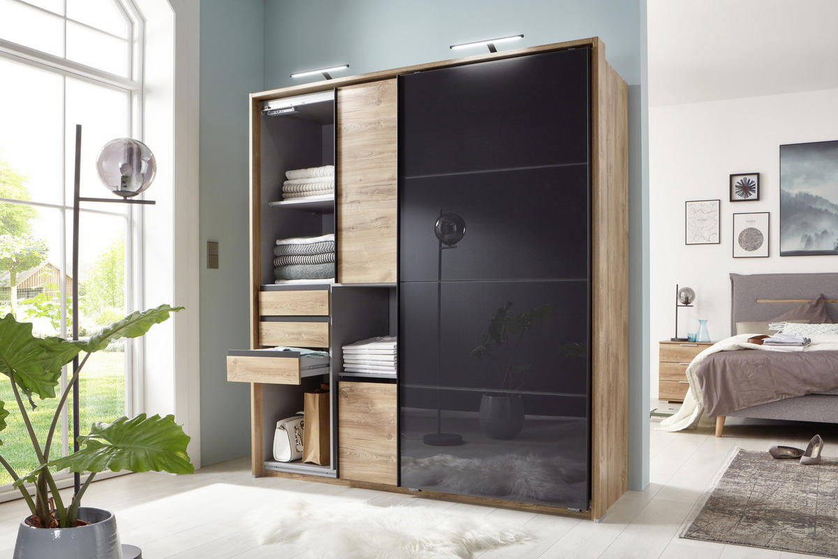 SCHWEBETÜRENSCHRANK in Grau, Eiche Artisan  - Schwarz/Eiche Artisan, Konventionell, Glas/Holzwerkstoff (180/198/65cm) - MID.YOU