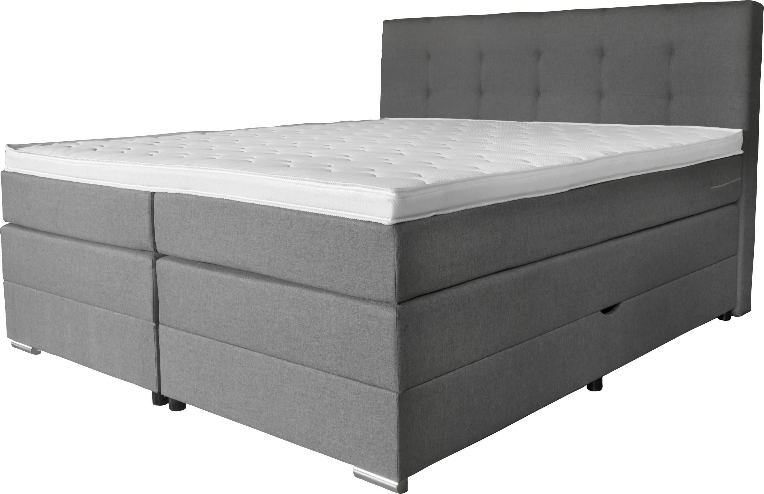 Thumbnail - Moderano Boxspringbett, Grau, Textil, H3, Höhe ca. 18 cm, 160x200 cm, gepolstertes Kopfteil, Stoffauswahl, Topper durchg...