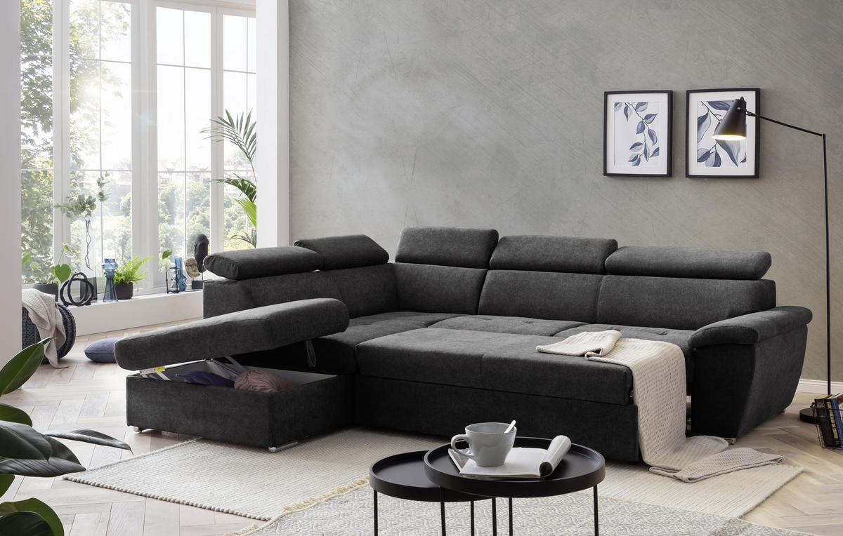 ECKSOFA in Mikrofaser Schwarz  - Chromfarben/Schwarz, Design, Textil/Metall (216/262cm) - Livetastic