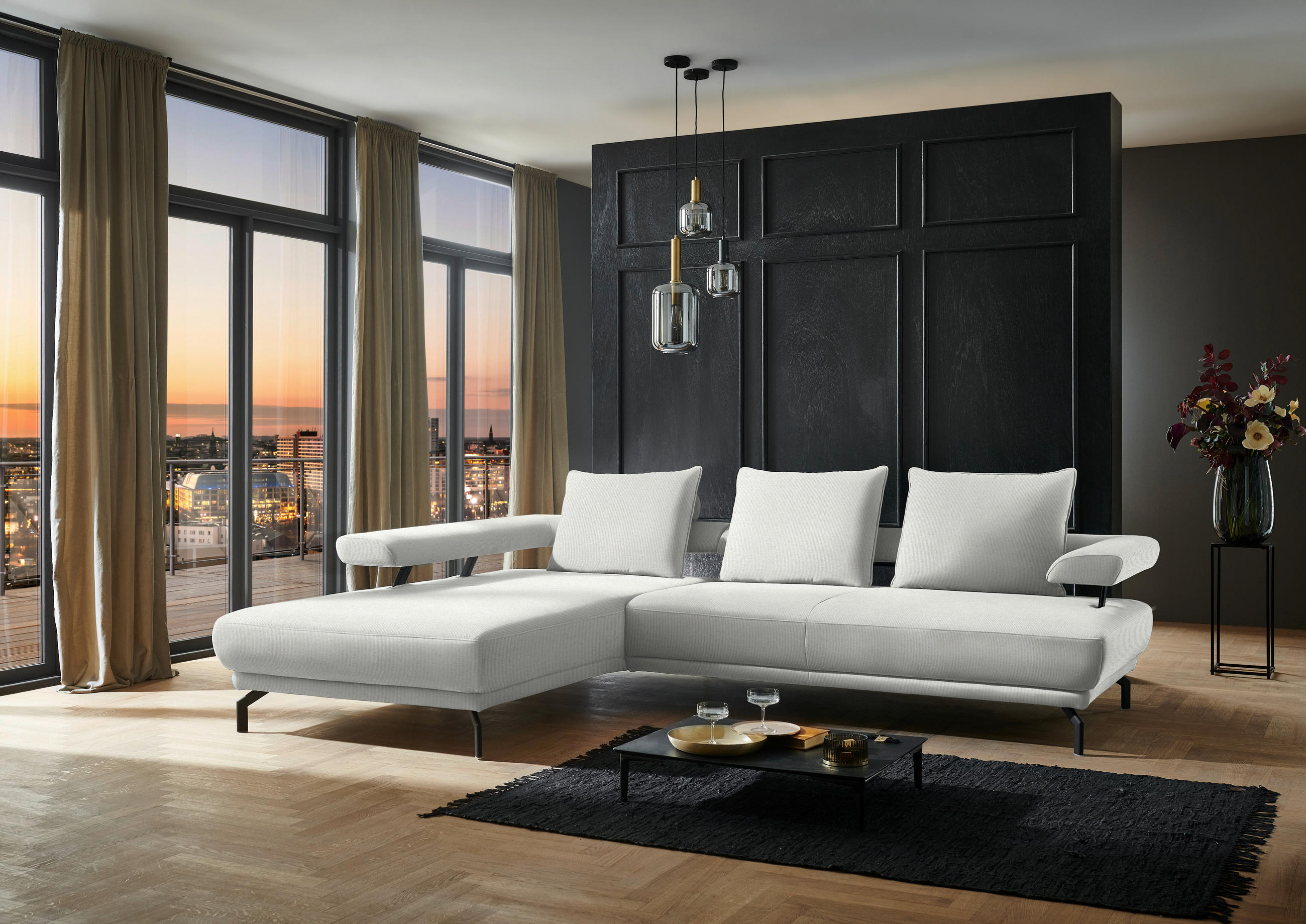 ECKSOFA in Chenille Ecru  - Ecru/Schwarz, Design, Textil/Metall (224/305cm) - Dieter Knoll