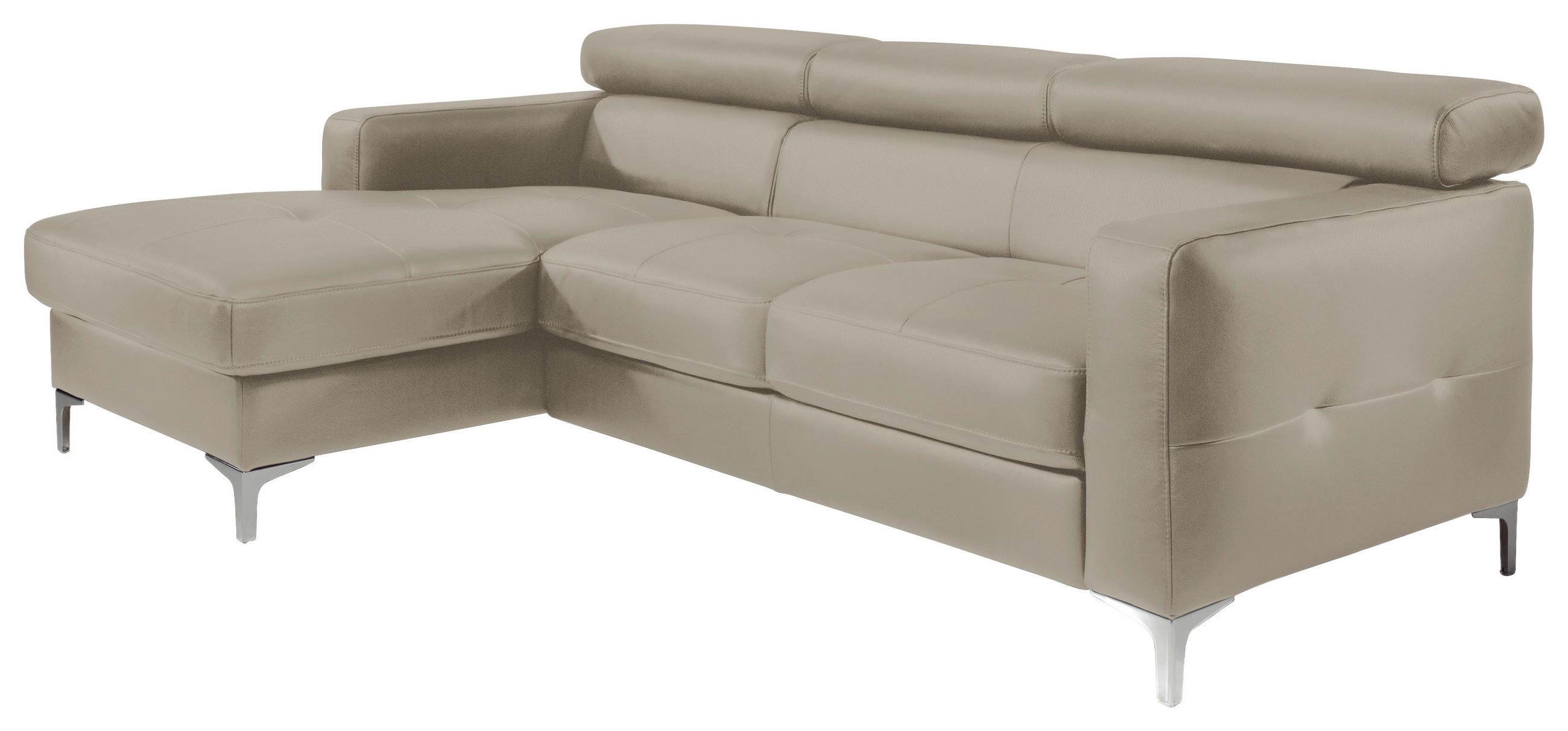 ECKSOFA Grau Echtleder Rücken echt, Kopfteilverstellung, Kopfstütze  - Chromfarben/Grau, Design, Leder/Metall (169/226cm) - Livetastic