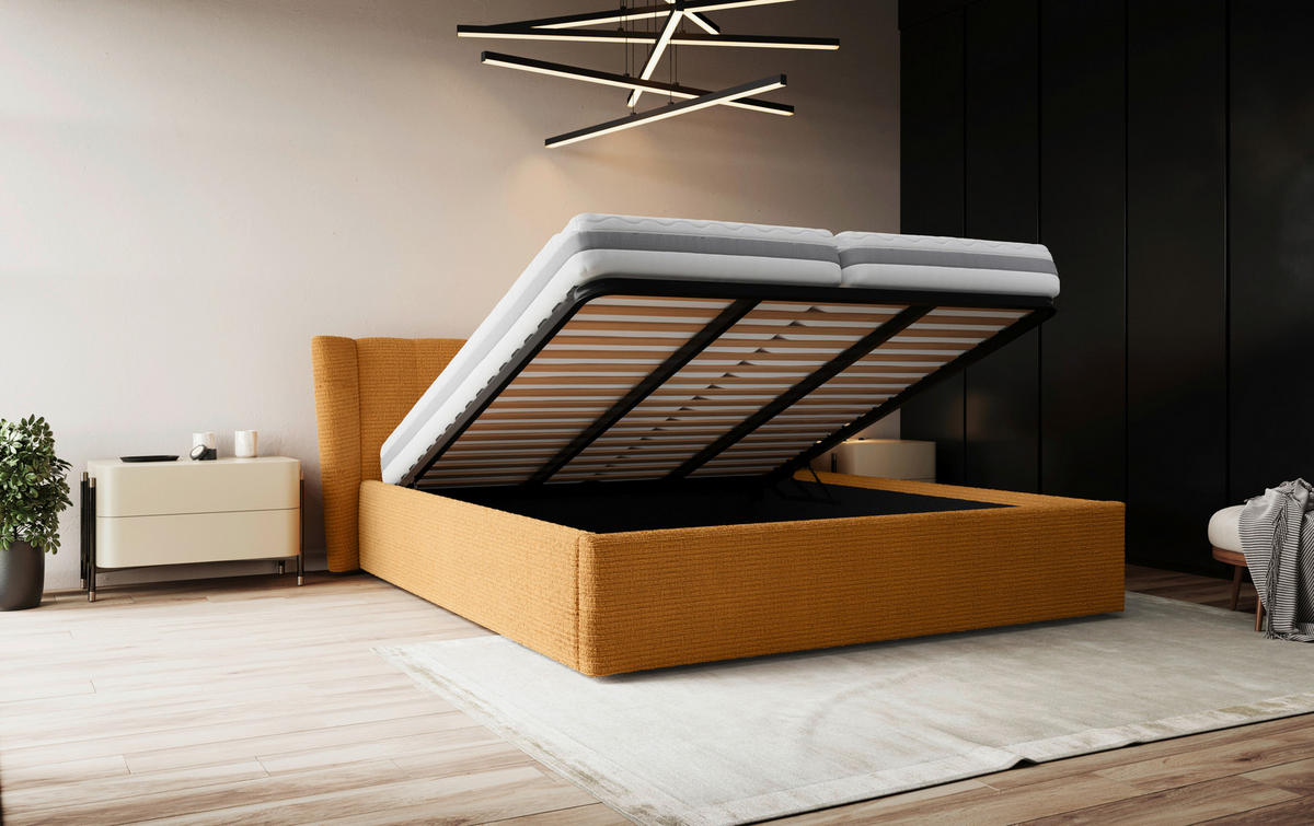 KÁRPITOZOTT ÁGY 160/200 cm  narancs  - fekete/narancs, Basics, faalapú anyag/textil (160/200cm) - Carryhome