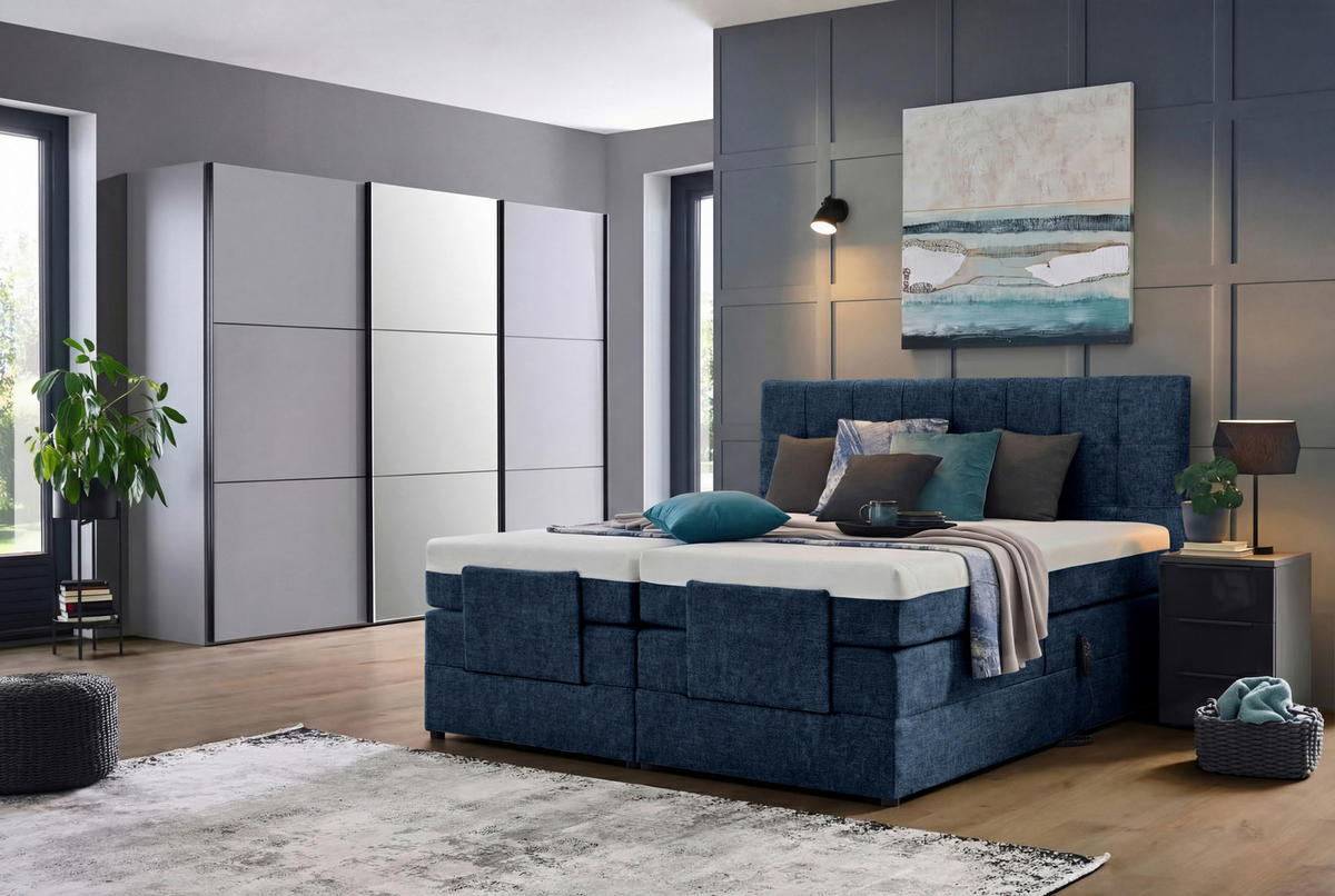 BOXSPRINGBETT 180/200 cm,  in Dunkelblau, gepolstertes Kopfteil, Topper, motorische Verstellbarkeit, Fernbedienung, Matratzen, H3 = fest  - Schwarz/Dunkelblau, KONVENTIONELL, Kunststoff/Textil (180/200cm) - Moderano