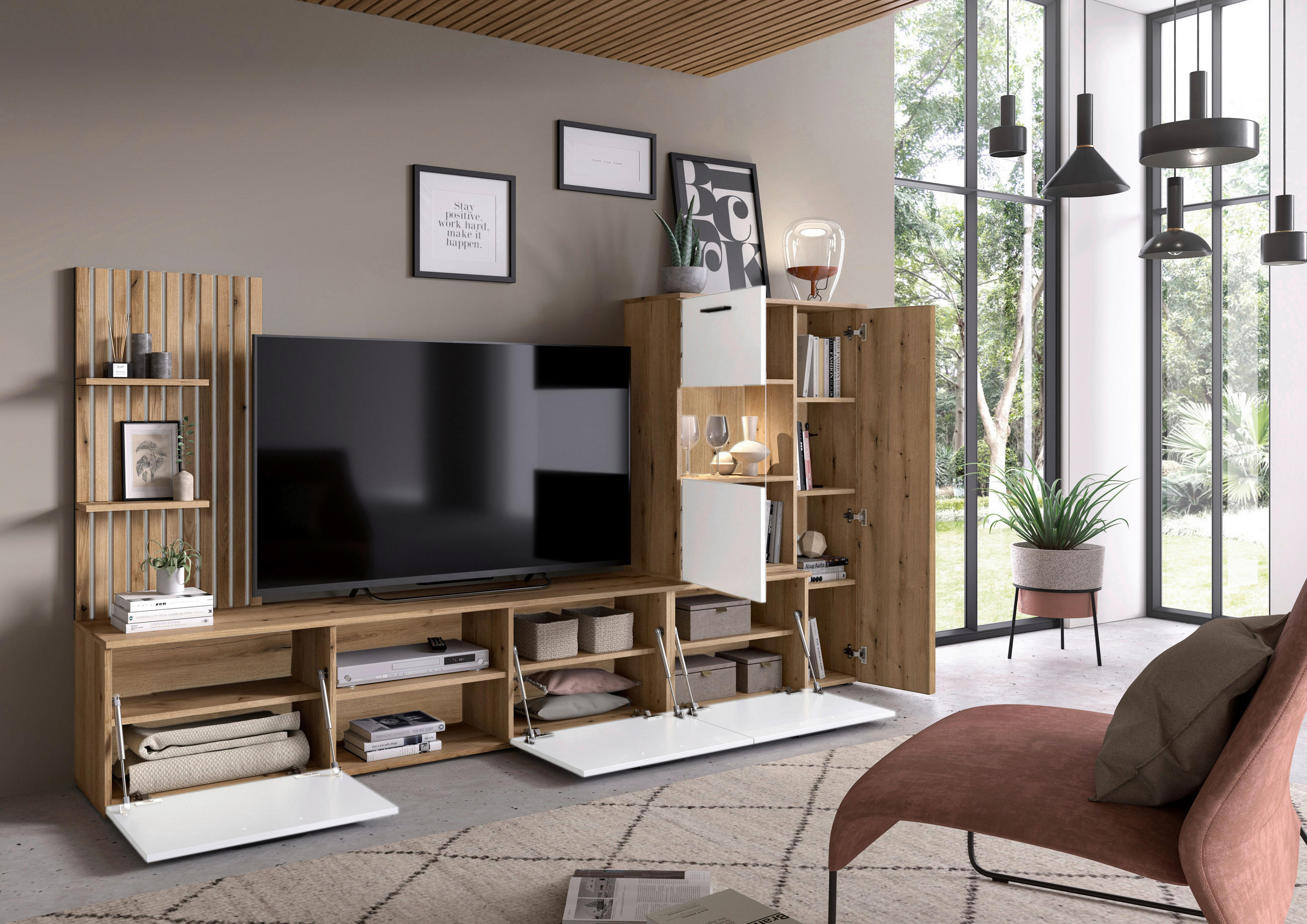 WOHNWAND 4-teilig  in Weiß, Eichefarben   - Eichefarben/Anthrazit, MODERN, Glas/Holzwerkstoff (250cm) - Boxxx