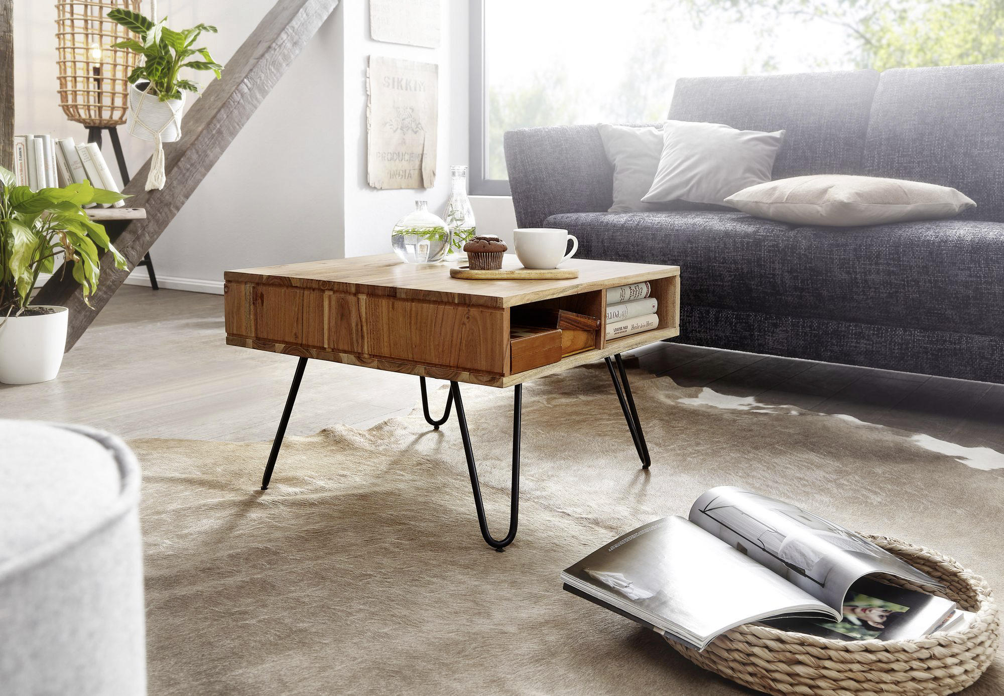 COUCHTISCH Akazie massiv 60/60/40 cm quadratisch Akaziefarben  - Schwarz/Akaziefarben, MODERN, Holz/Metall (60/60/40cm) - MID.YOU