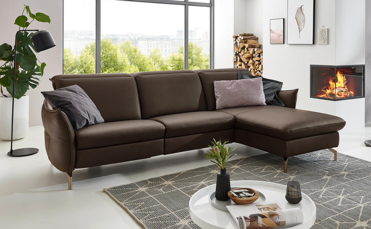 ECKSOFA in Lederlook (vegan) Dunkelbraun  - Dunkelbraun/Nickelfarben, Modern, Textil/Metall (263/179cm) - Livetastic