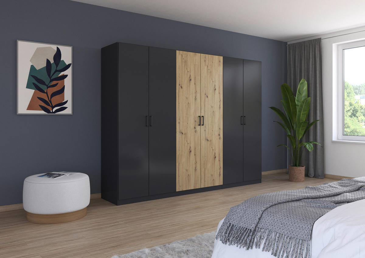 DREHTÜRENSCHRANK  in Grau, Eiche Artisan  - Eiche Artisan/Grau, MODERN, Holzwerkstoff/Kunststoff (271/210/54cm) - Rauch Möbel