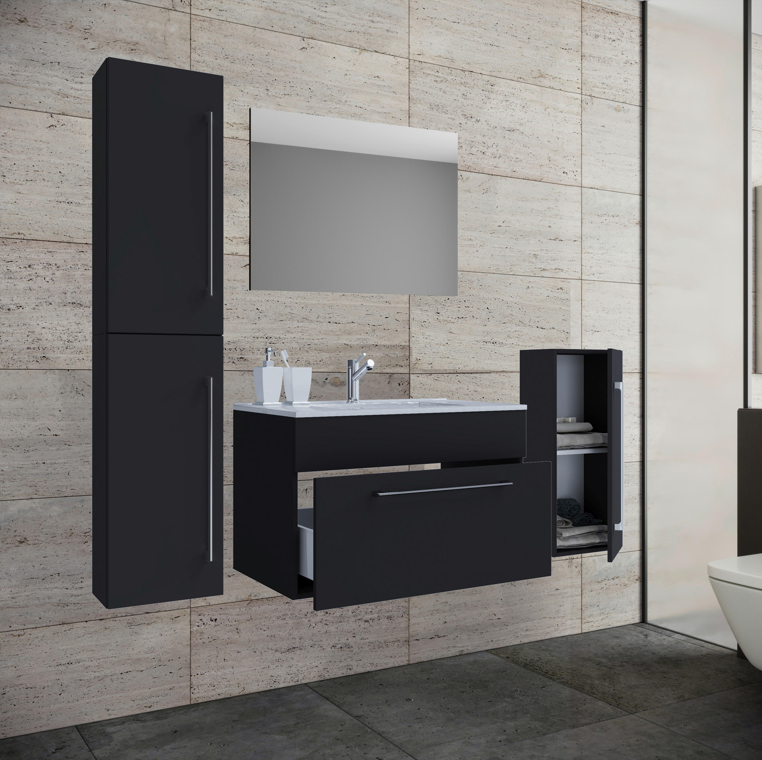 BADEZIMMER 5-teilig  in 146 cm  - Alufarben/Schwarz, MODERN, Keramik/Holzwerkstoff (146cm) - MID.YOU