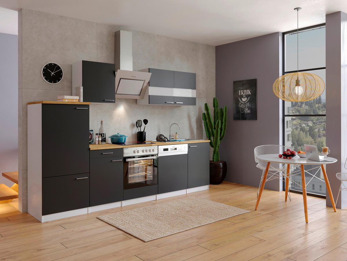 KÜCHENBLOCK 280 cm   in Schwarz  - Edelstahlfarben/Nussbaumfarben, Basics, Holzwerkstoff/Metall (280cm) - Respekta
