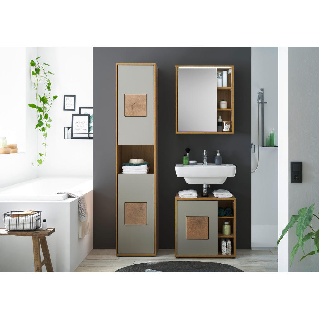 Thumbnail - Mid.you Hochschrank, Hellgrau, Eiche Wotan, Holzwerkstoff, 2 Fächer, 40x190x30 cm, stehend, Badezimmer, Badezimmerschrän...