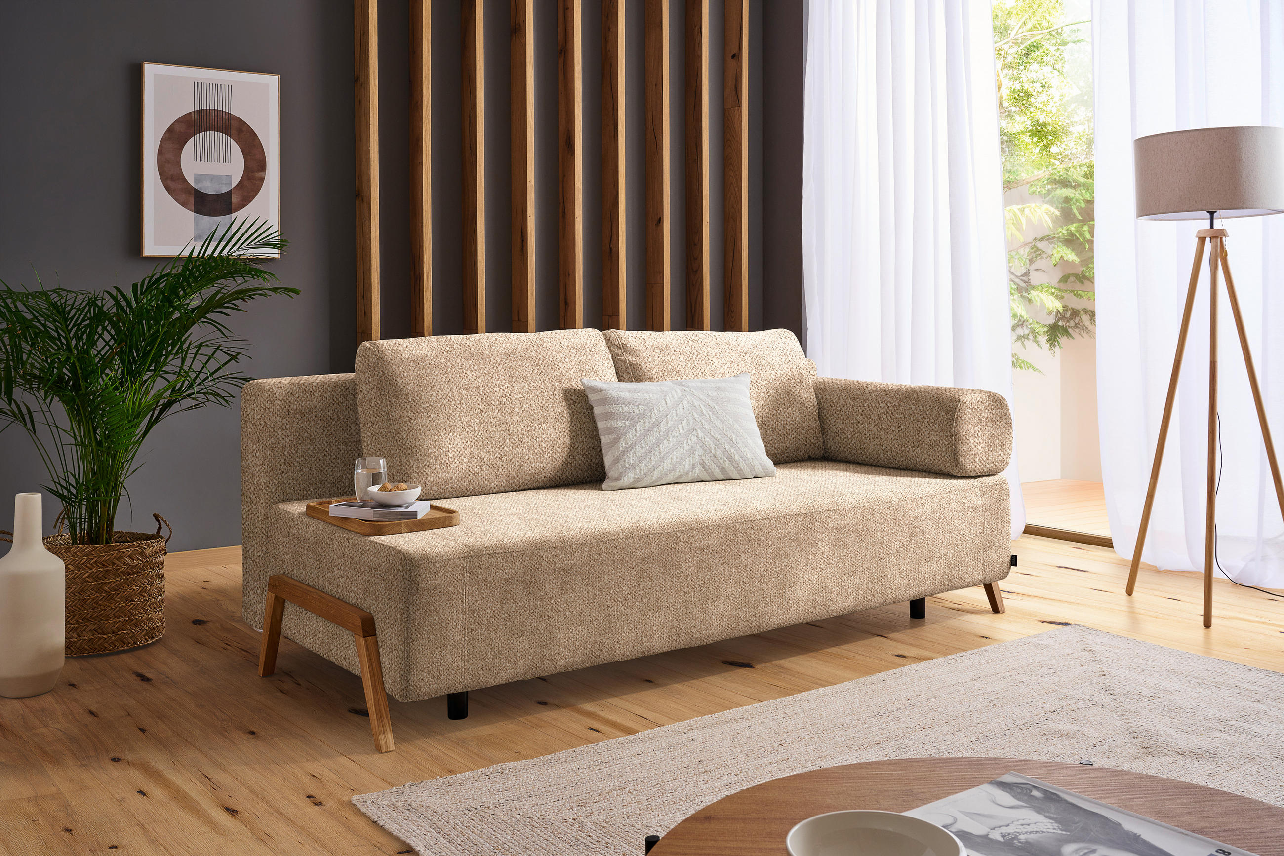 SCHLAFSOFA Bouclé Hellbraun  - Hellbraun/Naturfarben, Design, Holz/Textil (211/88/102cm) - Niels Andersson