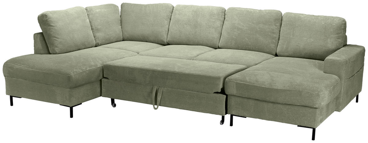 WOHNLANDSCHAFT Olivgrün Cord  - Schwarz/Olivgrün, KONVENTIONELL, Textil/Metall (197/303/148cm) - Carryhome