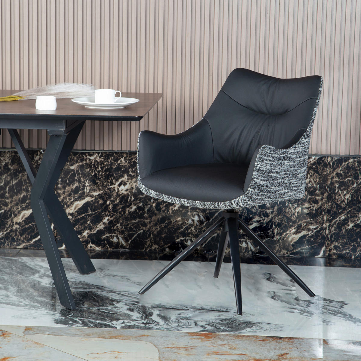 ARMLEHNSTUHL  Sitzfläche 360° drehbar, automatische Rückholfunktion Webstoff Echtleder  - Schwarz, MODERN, Leder/Textil (57/86,5/61,5cm) - Novel