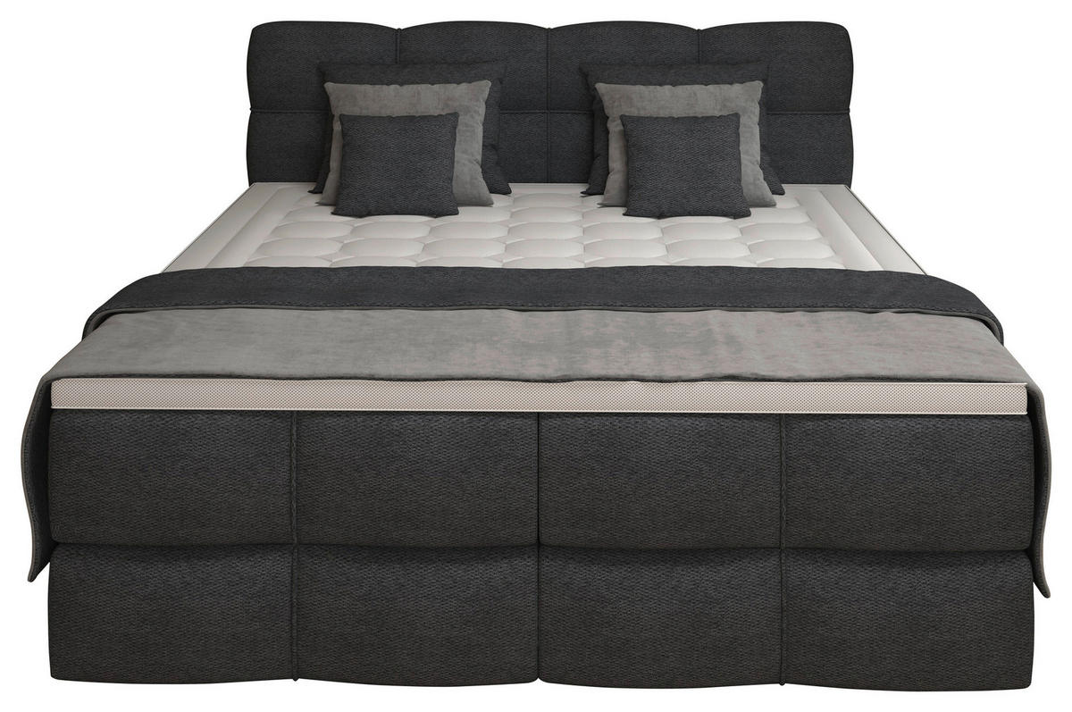 BOXSPRINGBETT 180/200 cm,  in Dunkelgrau, gepolstertes Kopfteil, Bettkasten, Topper, Matratzen, H3 + H3 = fest  - Dunkelgrau/Schwarz, Design, Kunststoff/Textil (180/200cm) - Chameo